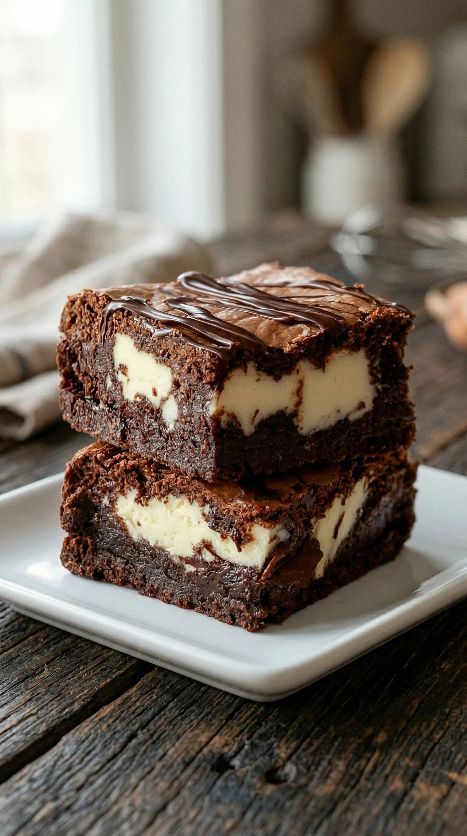 Zwei Frischkäse-Brownies auf einem weißen Teller.