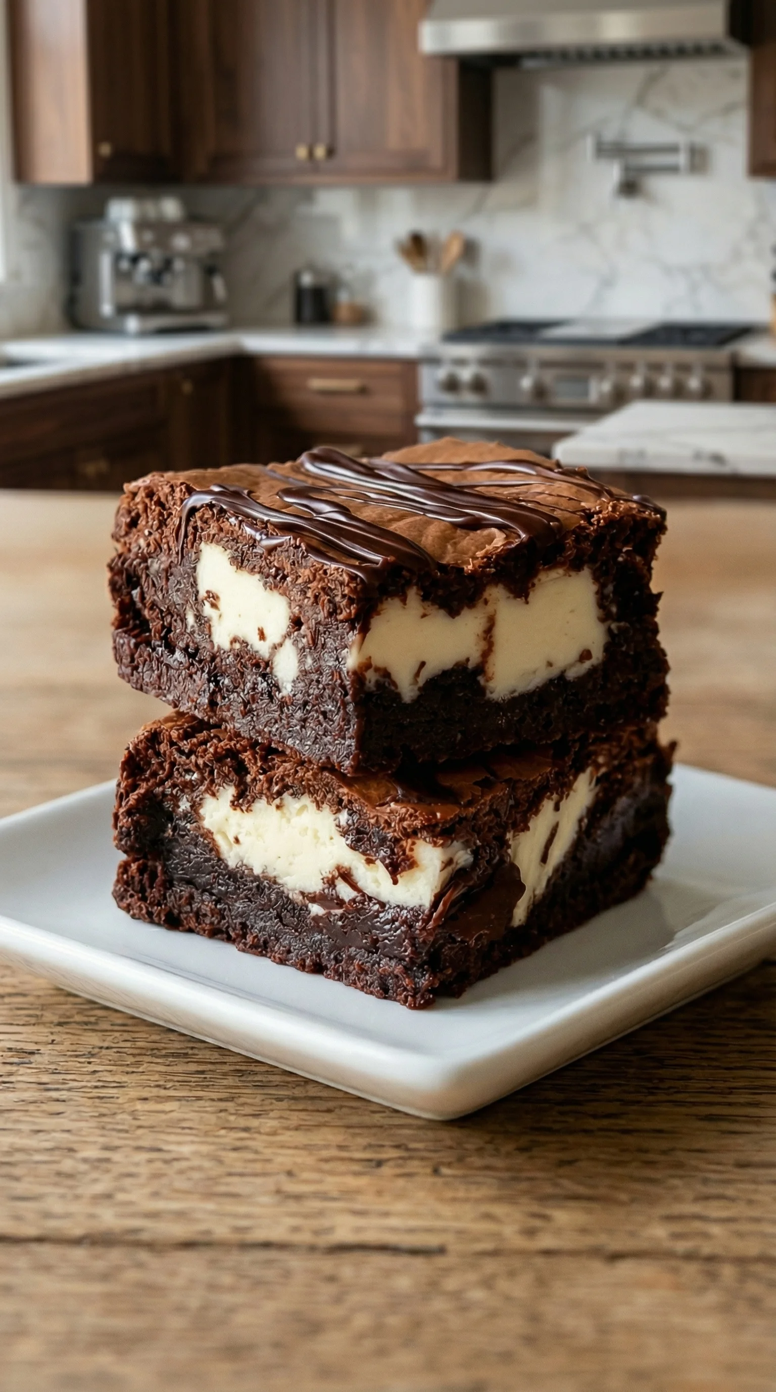 Zwei Frischkäse-Brownies auf einem weißen Teller.