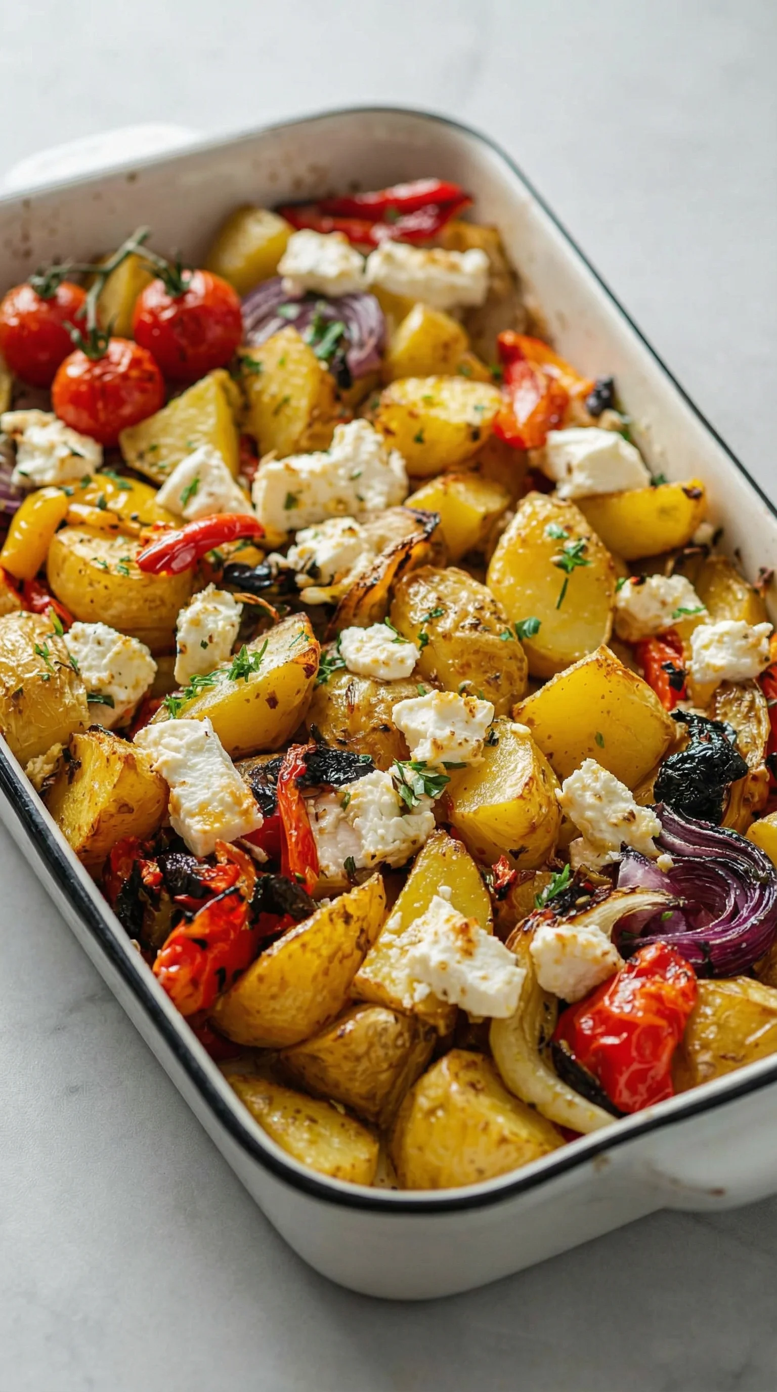 Ein Schälchen mit Knusprigem Ofengemüse und Feta.