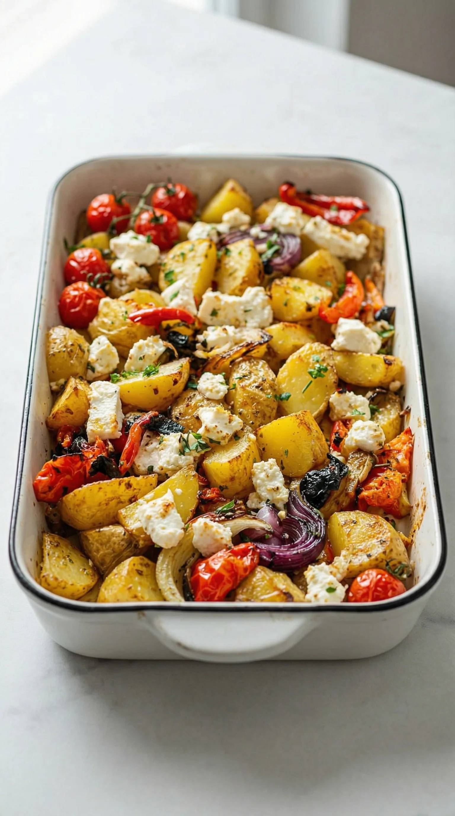 Ein Becher mit einer Mischung aus Gemüse, darunter Tomaten, Paprika, Zwiebeln und Kartoffeln, garniert mit Feta.