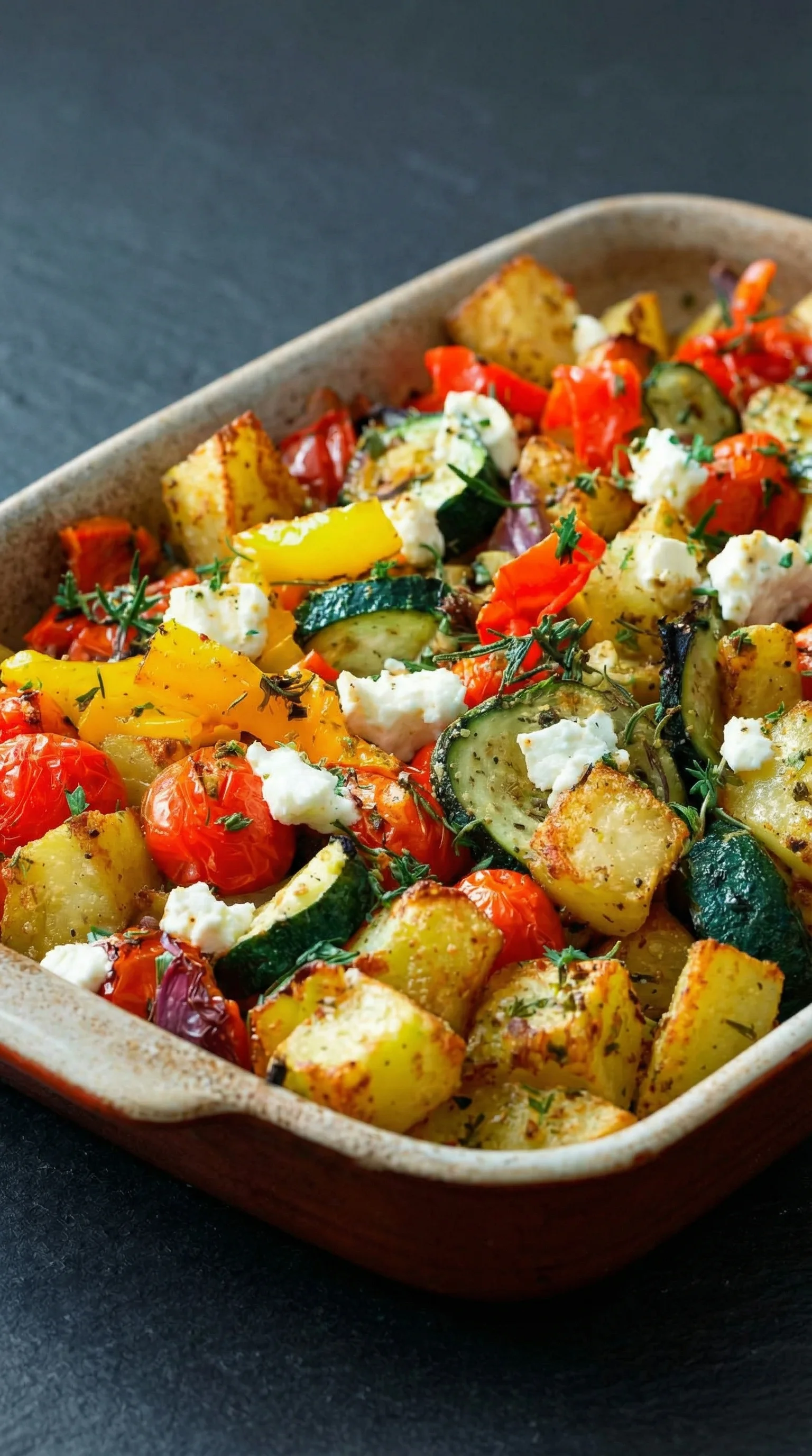 Ein Blech mit einer Mischung aus Kartoffeln, Zucchini, Paprika, Tomaten und Feta-Käse.