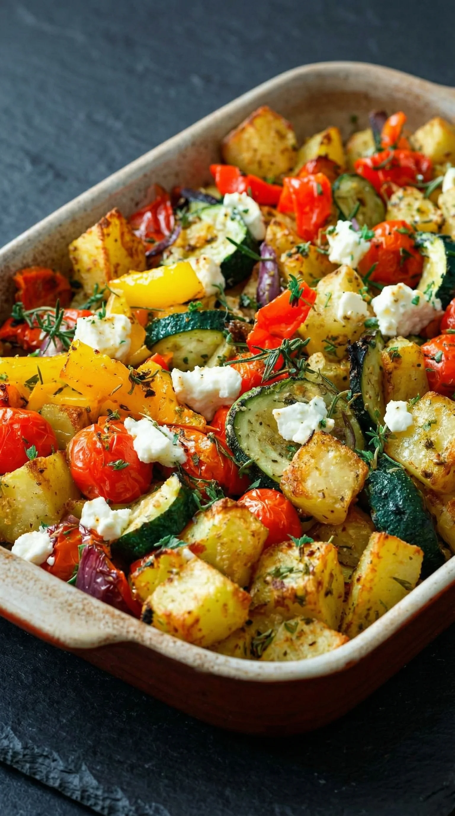 Ein Becher mit einer Mischung aus Kartoffeln, Zucchini, Paprika, Tomaten, Zwiebeln und Feta-K&auml;se.