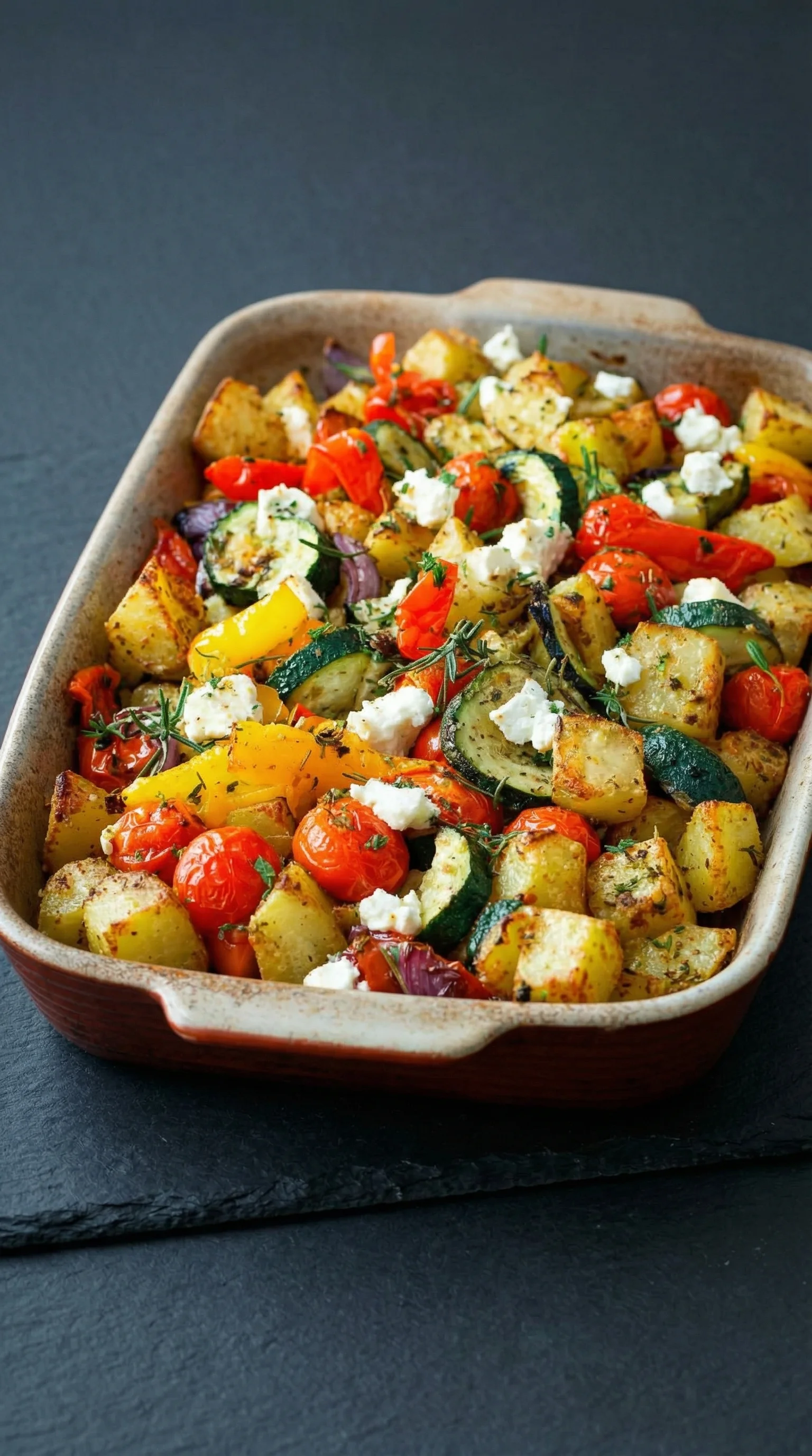 Ein Blech mit einer Mischung aus Kartoffeln, Zucchini, Paprika, Tomaten und Feta-K&auml;se.