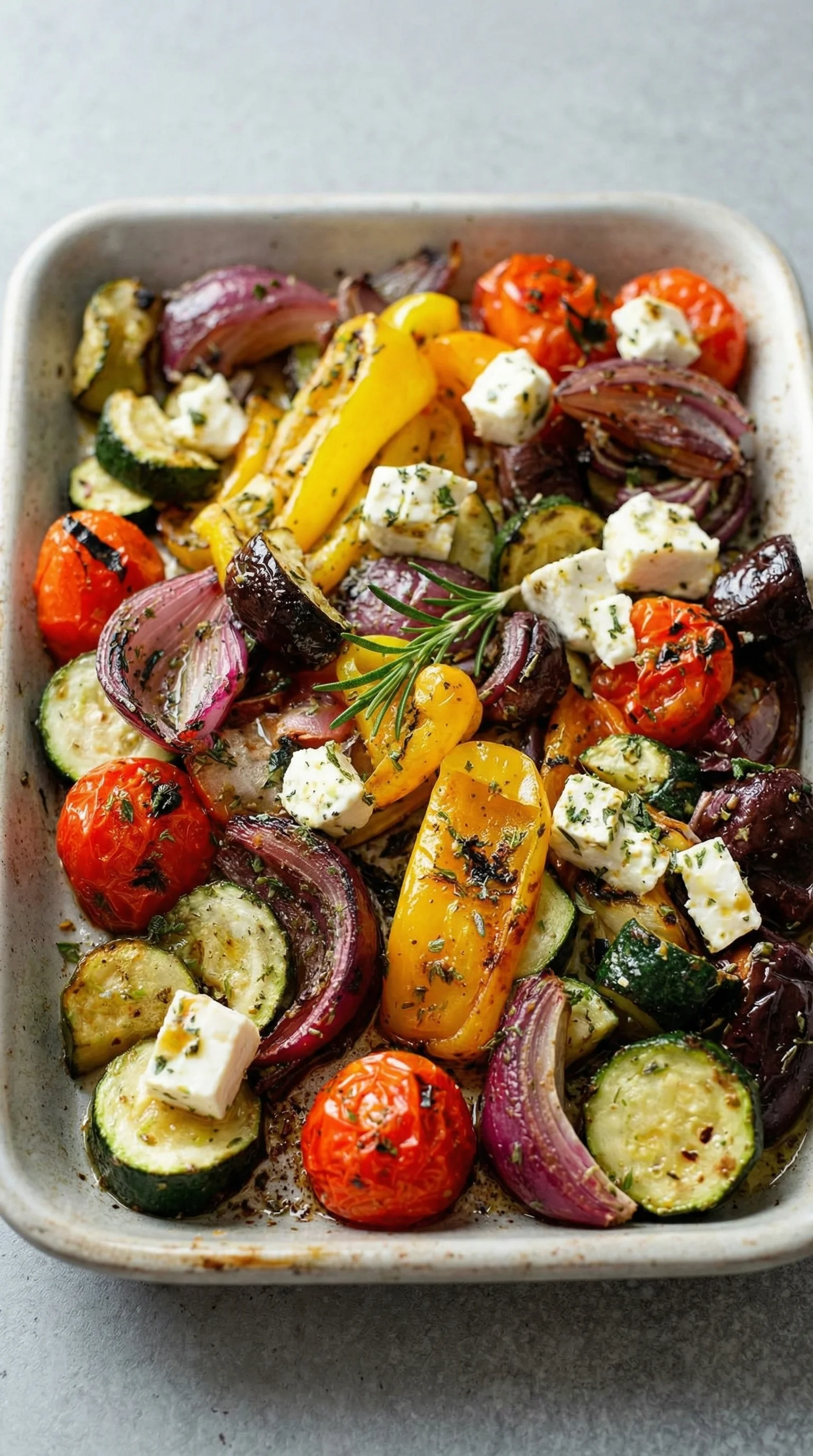 Ein Blechgericht mit einer Vielzahl von Gemüsearten, darunter Paprika, Zucchini, Tomaten, Onion, Pepper und Zwiebeln. Es enthält auch Feta-Käse und wird mit Olivenöl serviert.