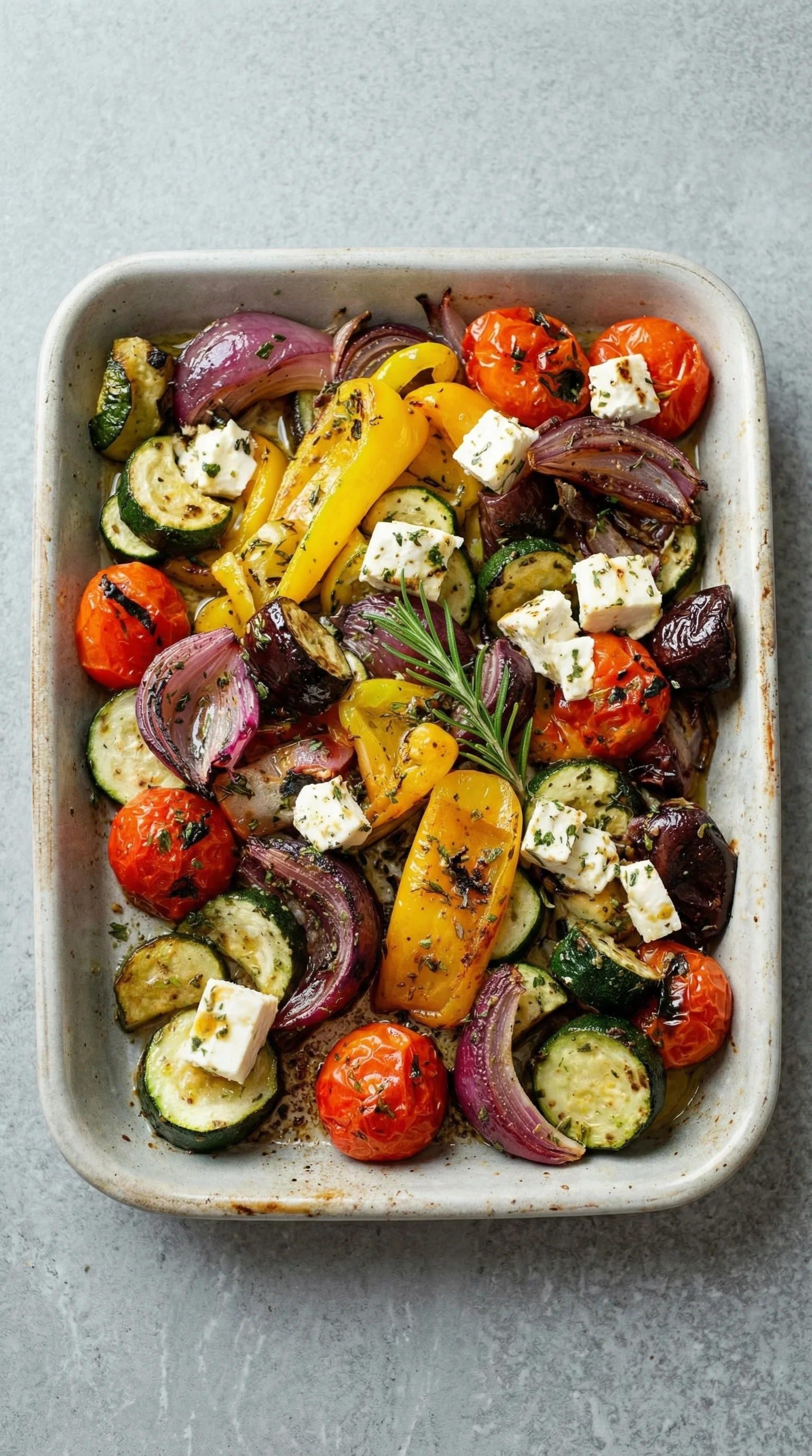 Ein Blech mit einer Mischung aus Gemüse, darunter Zucchini, Tomaten, Paprika, Onion und Pepper, garniert mit Feta-Käse.