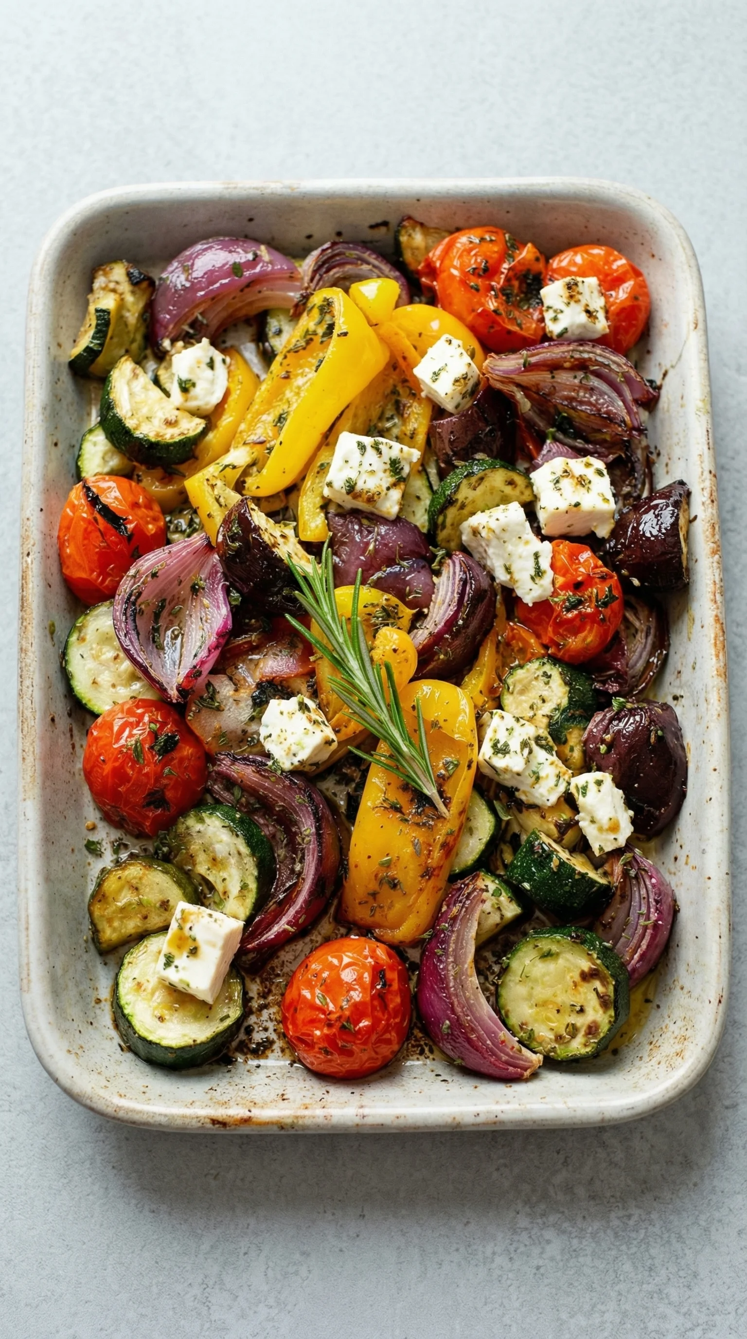 Ein Blech mit Gemüse, darunter Zucchini, Paprika, Tomaten, Onion und Pepper, garniert mit Feta-Käse.
