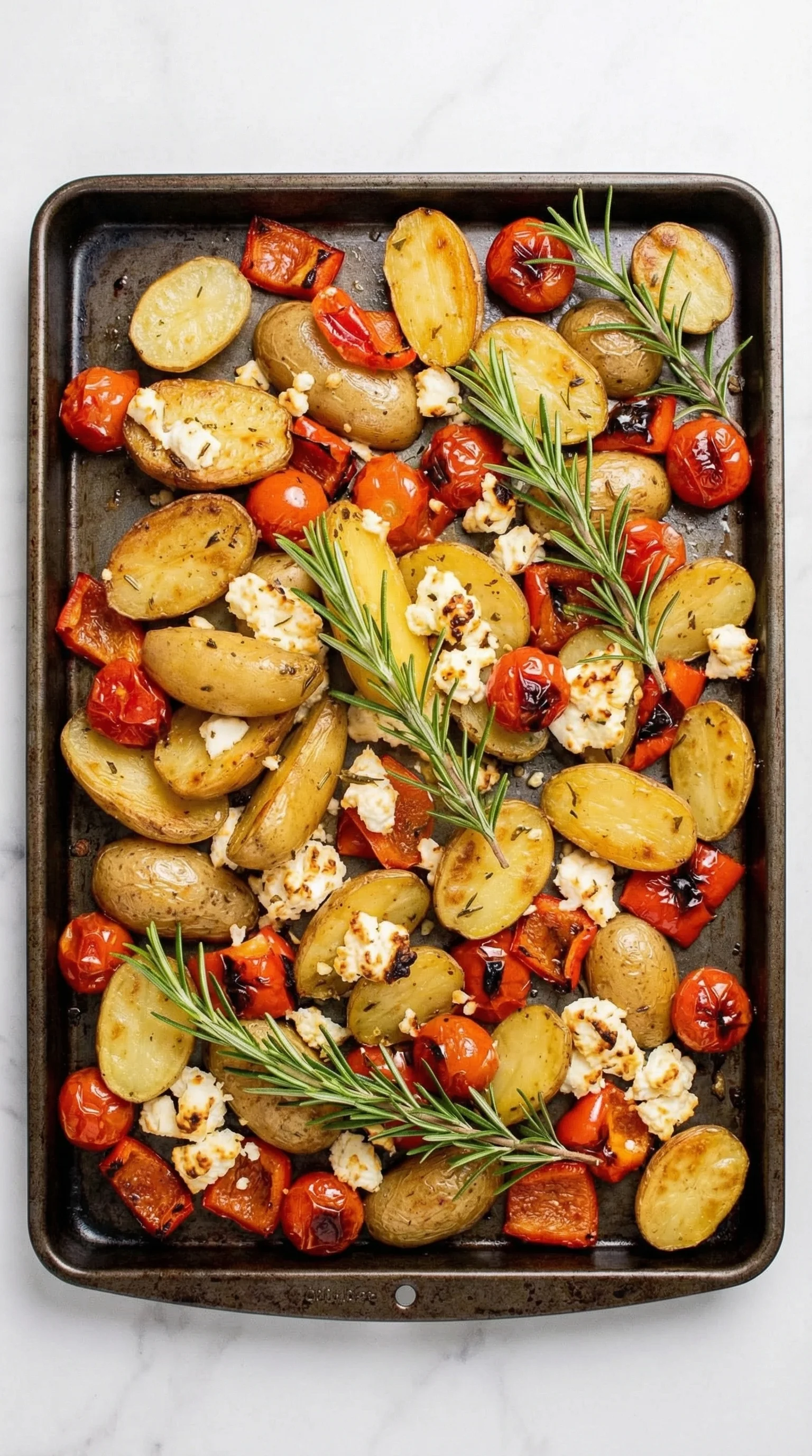 Eine Tafel mit Rosmarinkartoffeln und Feta.