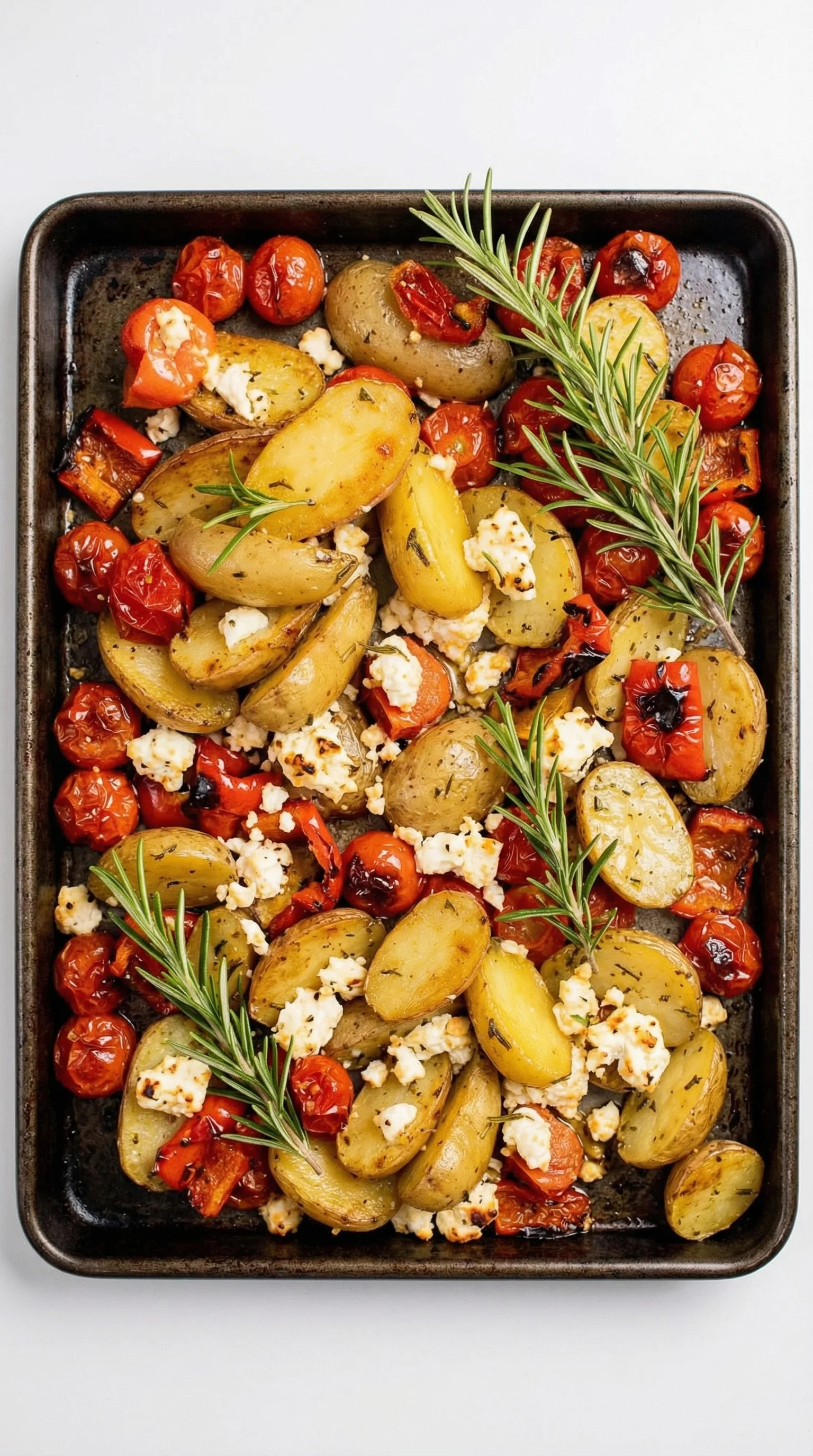 Eine Tasse mit Rosmarinkartoffeln, die mit Feta gekrümmt sind.