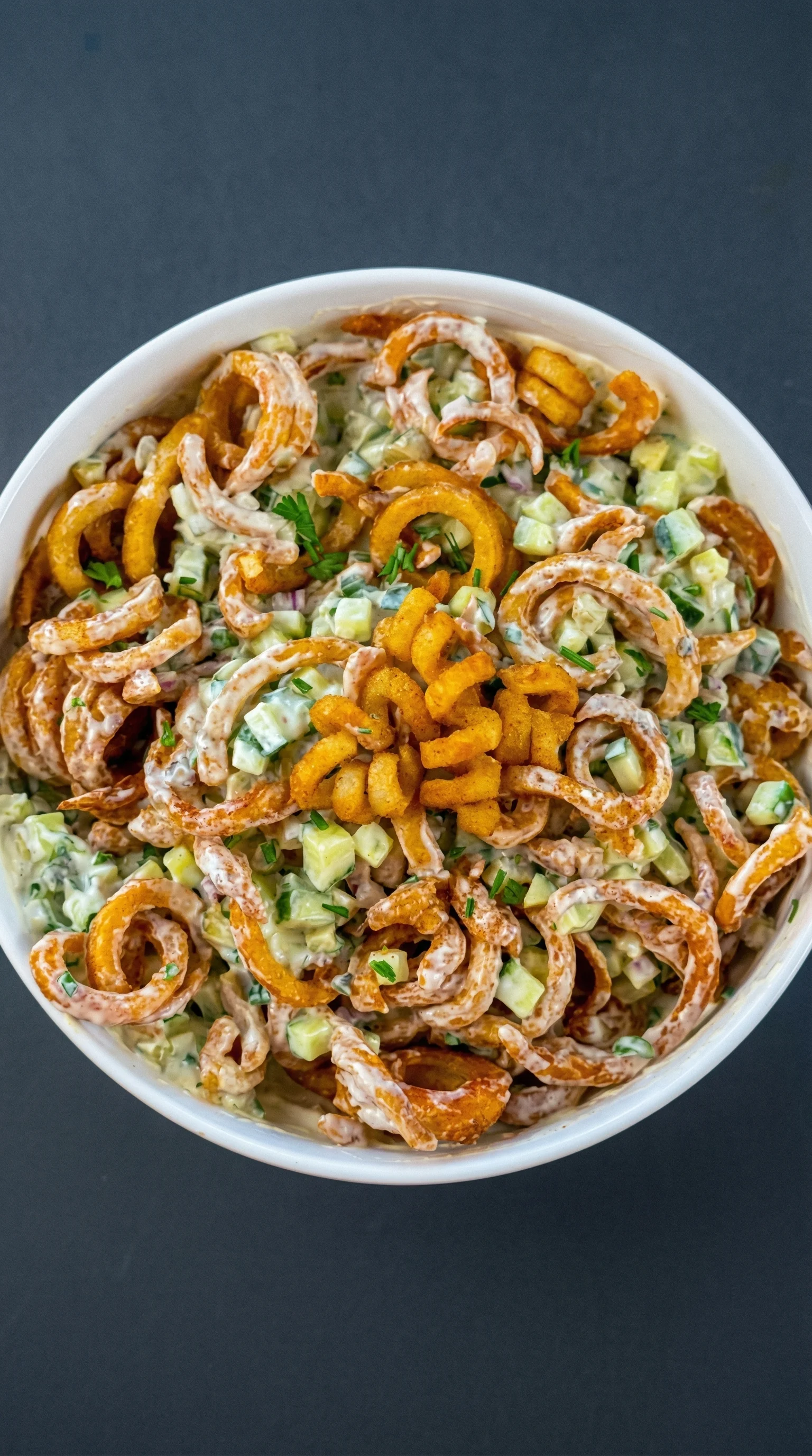 Ein weißer Becher mit Curly Fries Salat, der mit cremigem Dressing serviert wird.