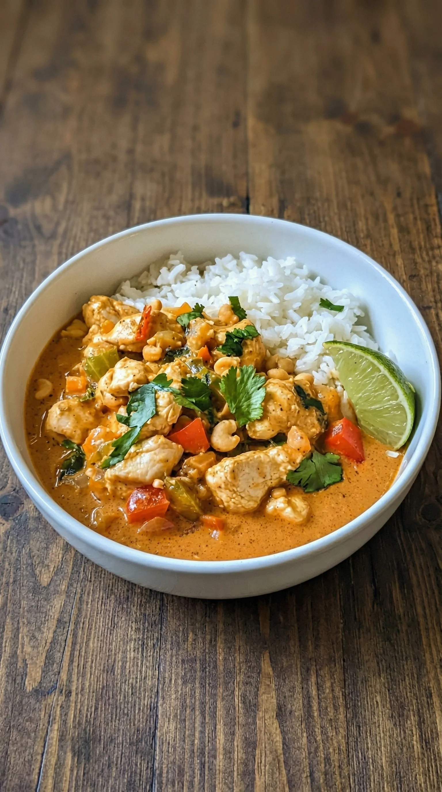 Ein weißer Teller mit einer Mischung aus Hähnchen, Erdnüssen, Kokosmilch und Curry.