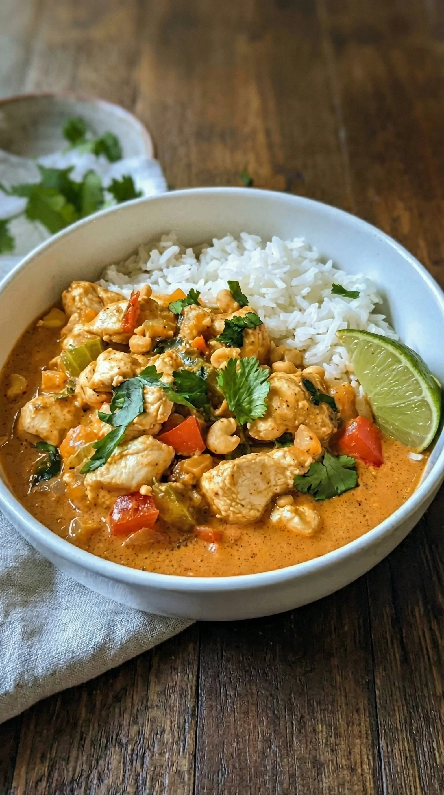 Ein weißer Teller mit einer Mischung aus Hähnchen, Erdnüssen, Kokosmilch und Curry.