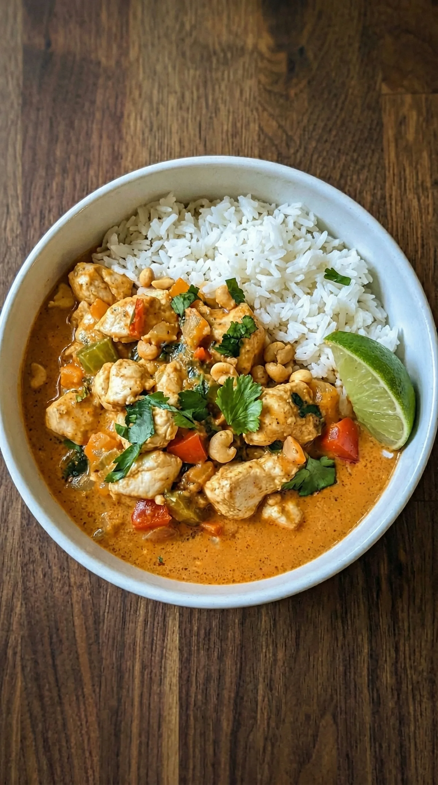 Ein weißer Teller mit einer Mischung aus Hähnchen, Erdnüssen, Curry und Reis.