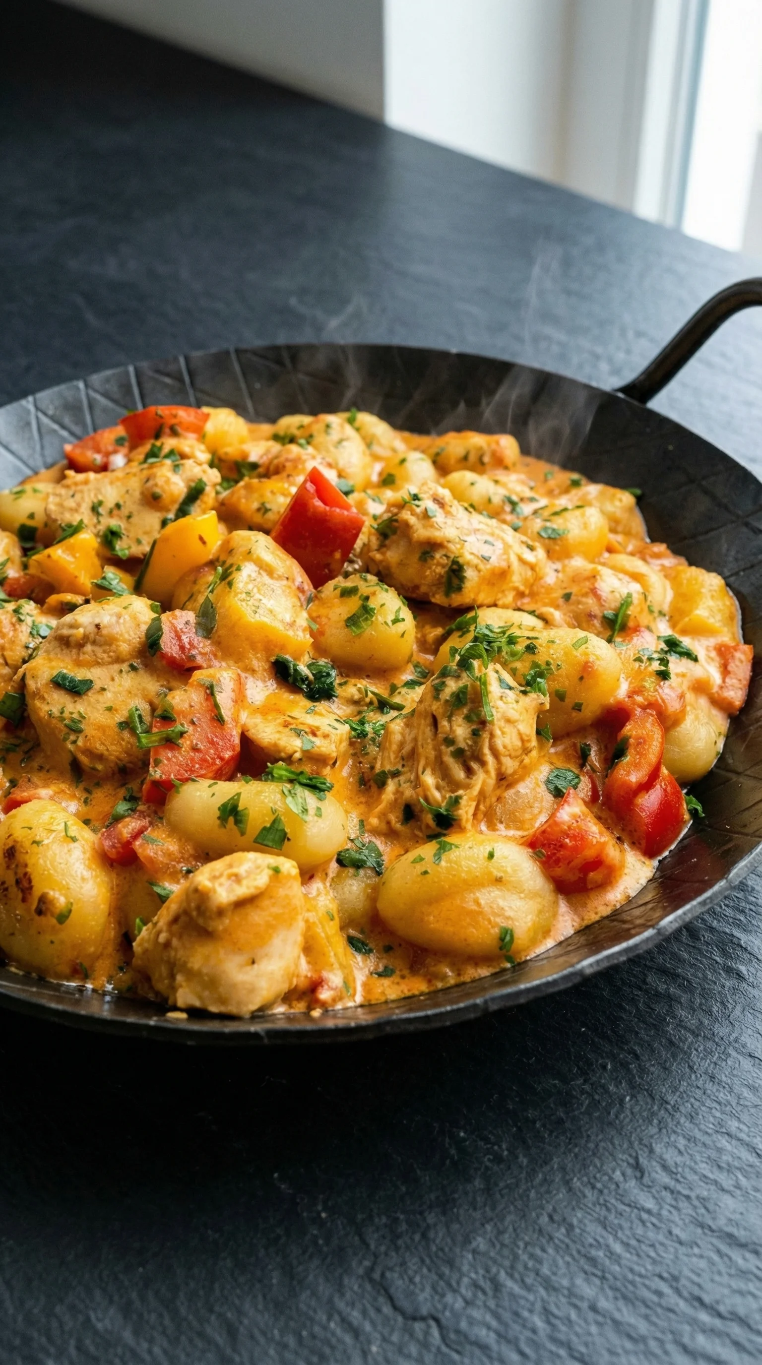 Ein Schalen mit Paprika-Sahne-Hähnchen und Gnocchi.