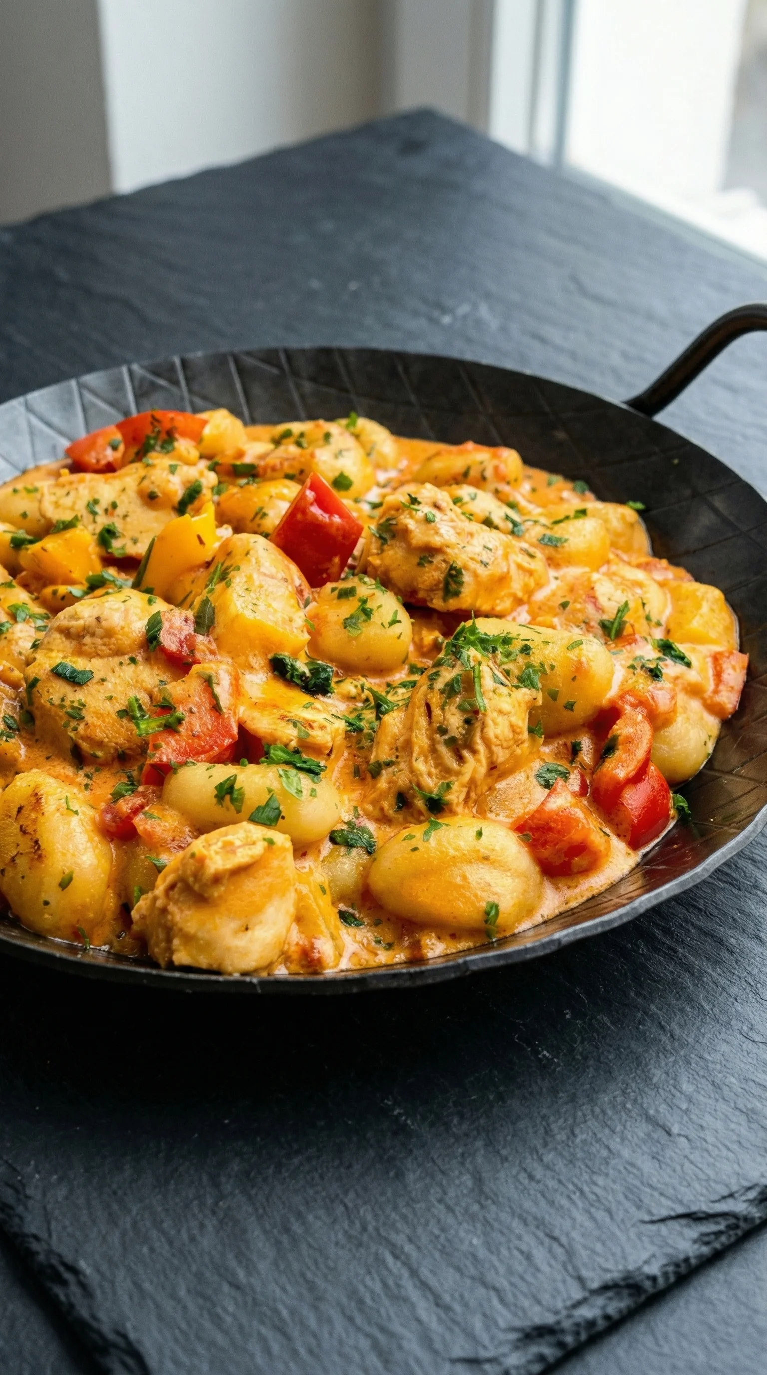 Ein Schalen mit Paprika-Sahne-Hähnchen und Gnocchi.