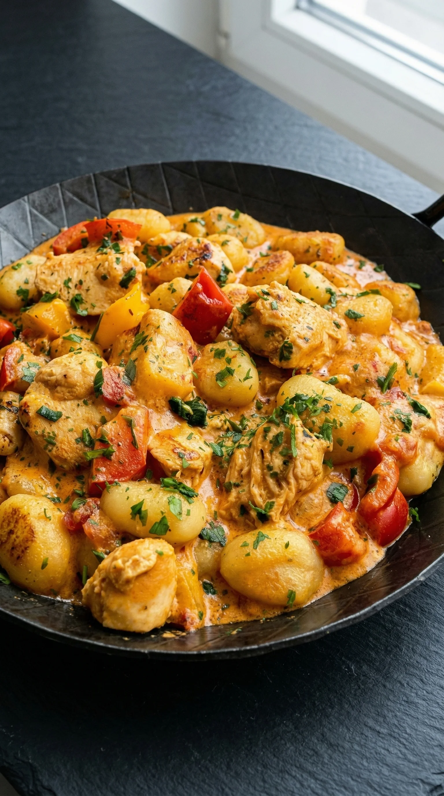 Eine Schüssel mit Paprika-Sahne-Hähnchen und Gnocchi.