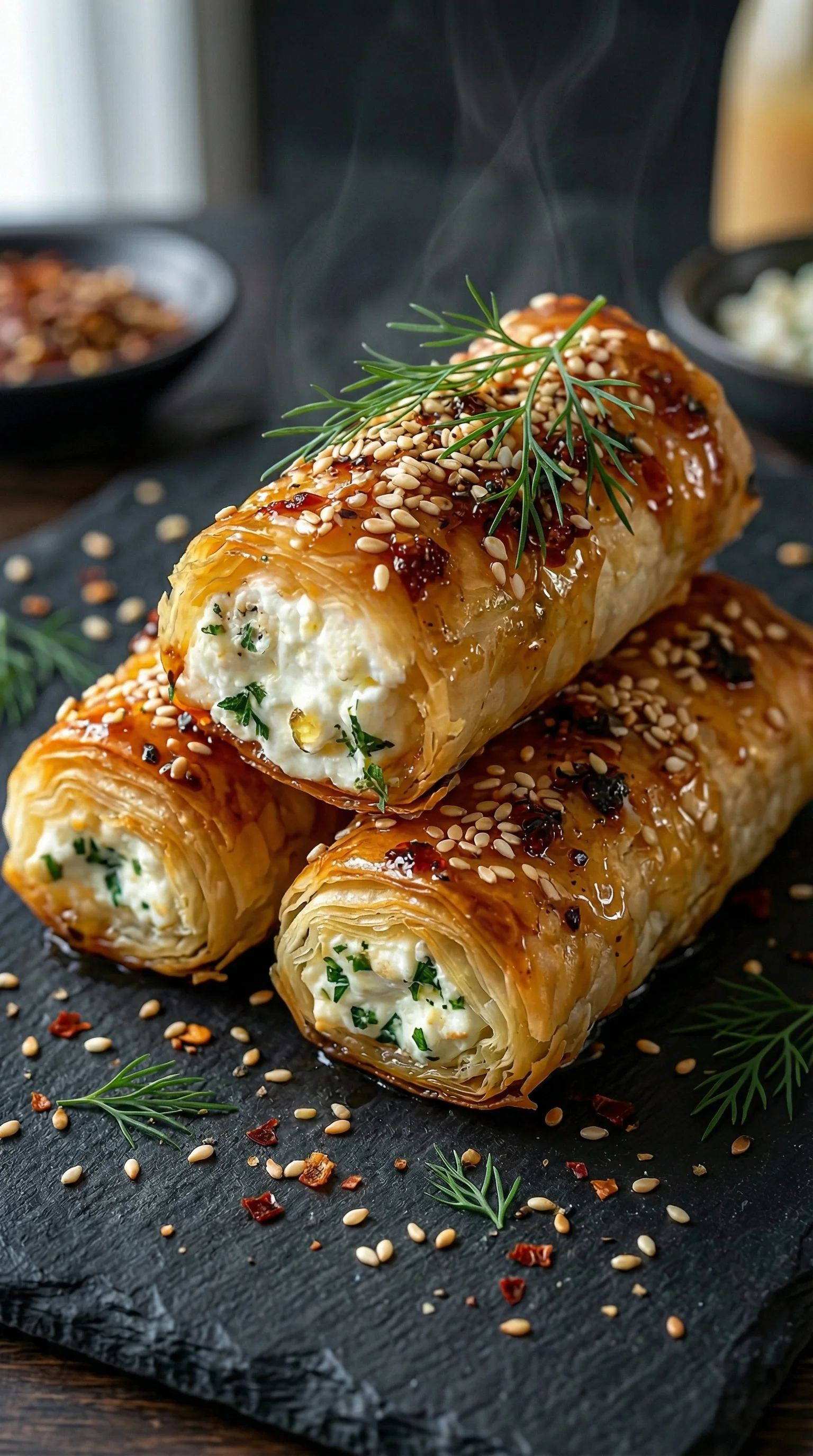 Zwei Ofengebackene Feta Rollen mit Chili Honig auf einem Tisch.