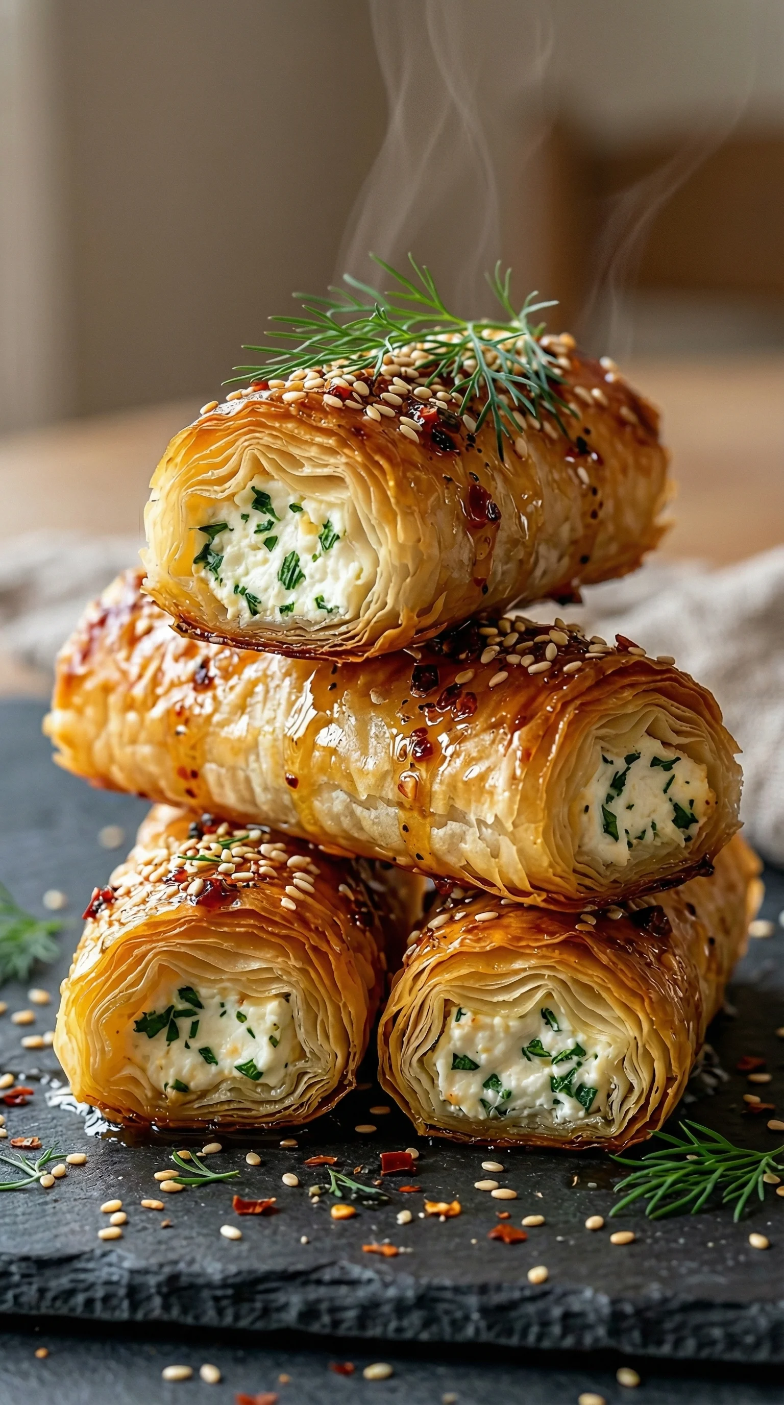 Ofen gebackene Feta Rollen mit Chili Honig – knusprig, cremig, süß-würzig.
