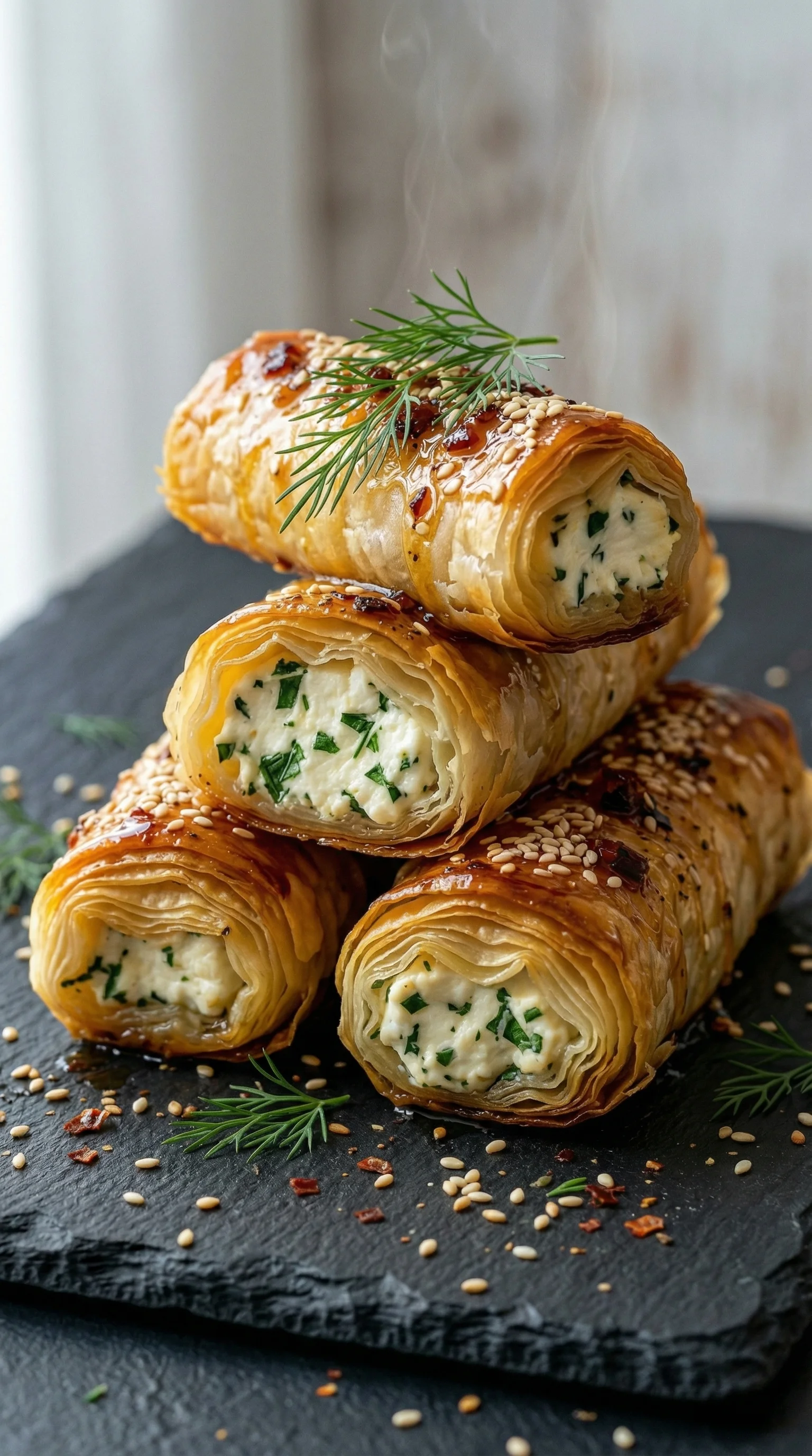 Ofen gebackene Feta Rollen mit Chili Honig - knusprig, cremig, süß-würzig.