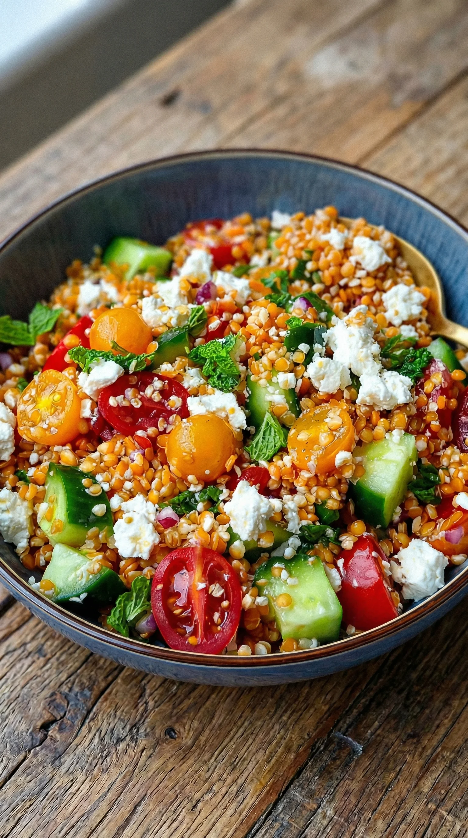 Ein Schüssel mit einem orientalischen roten Linsensalat, der mit Feta und anderen Gemüsezutaten zubereitet wurde.