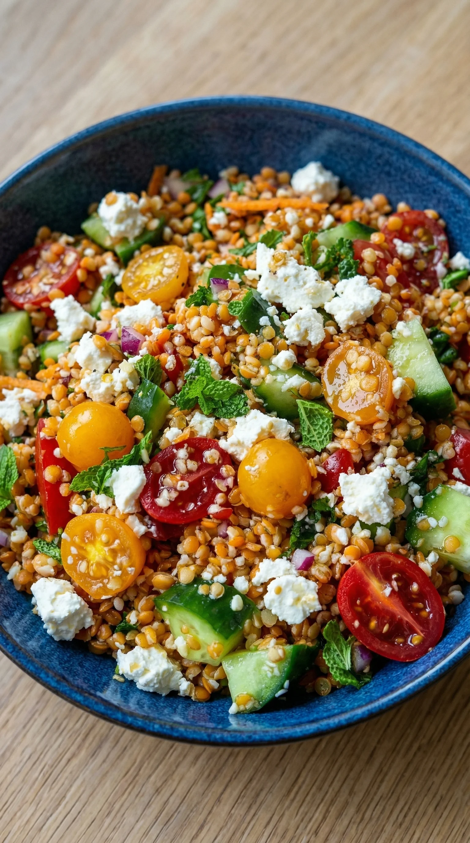 Ein orientalischer roter Linsensalat mit Feta.