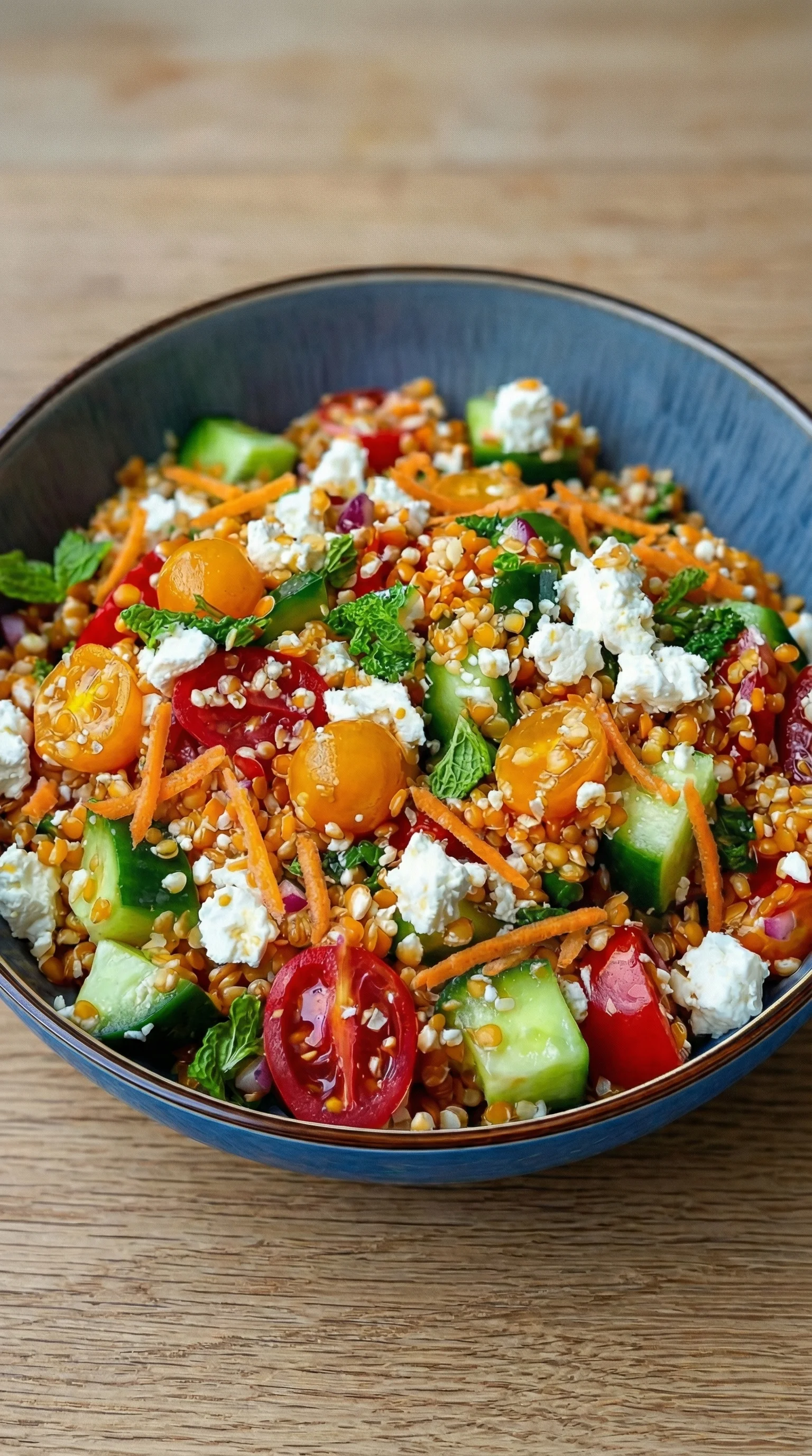 Ein Schüssel mit einem orientalischen roten Linsensalat, der mit Feta gekrönt wird.