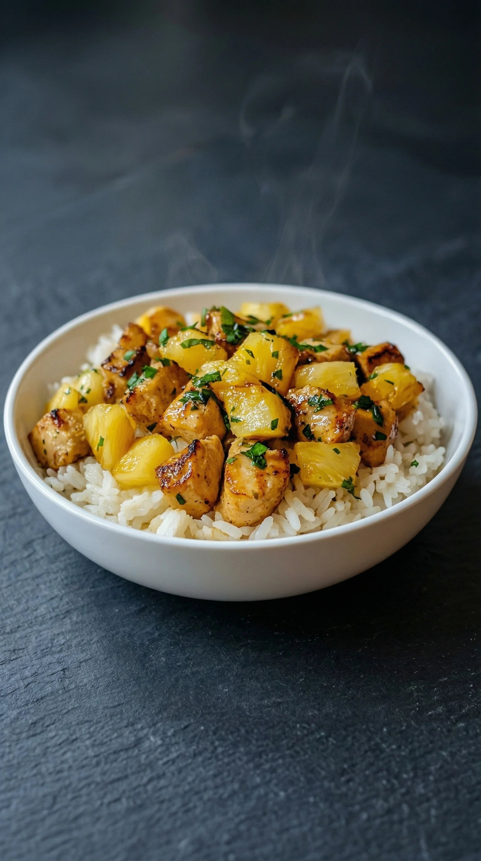 Ein weißer Teller mit Reis, Hähnchen und Ananas.