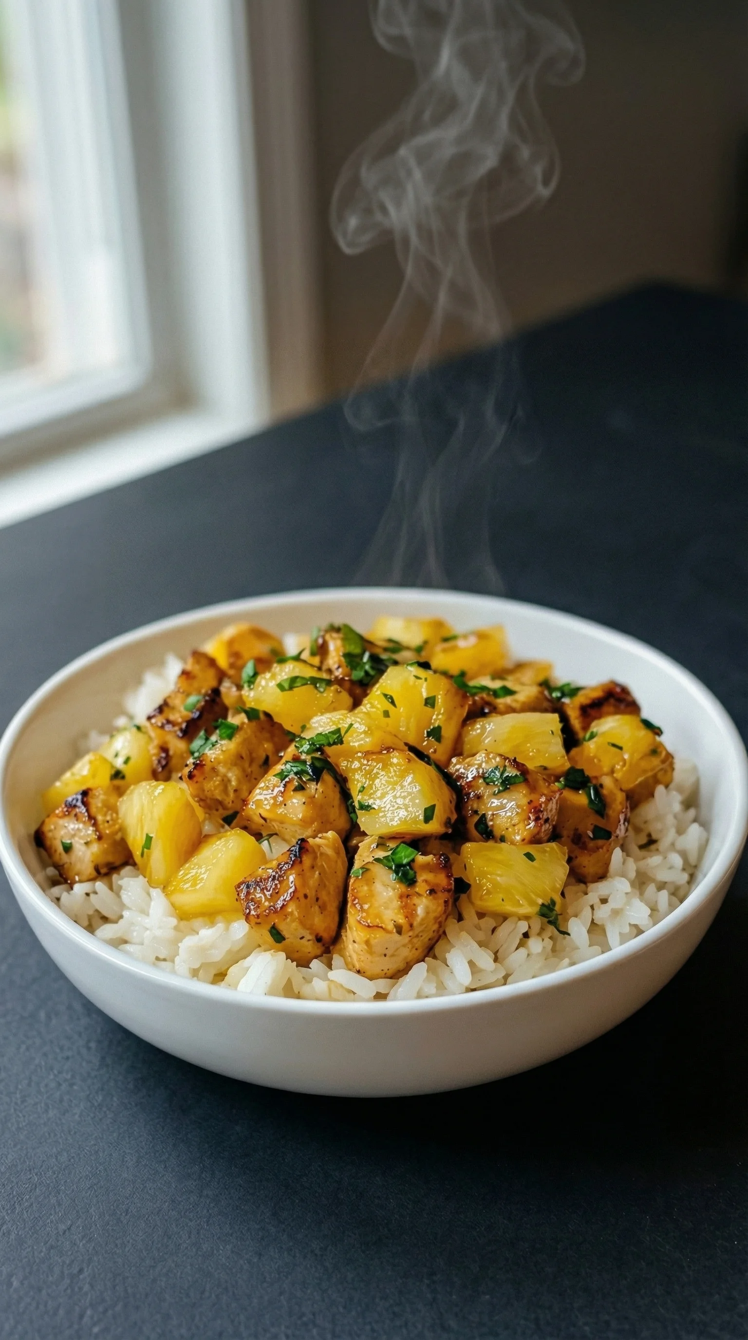 Ein weißer Teller mit Reis, Hähnchen und Ananas.