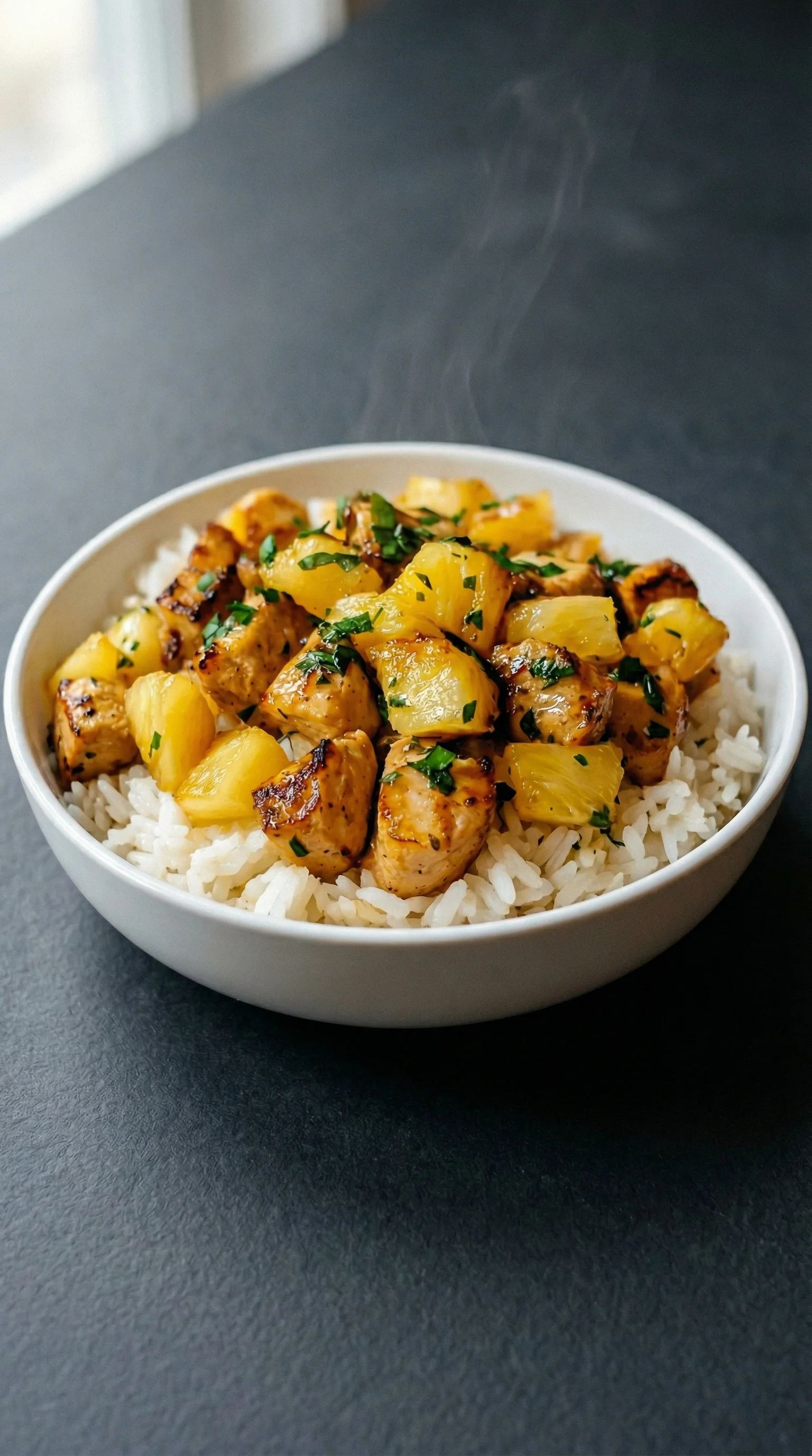 Ein weißer Teller mit Reis, Ananas und Hähnchen.