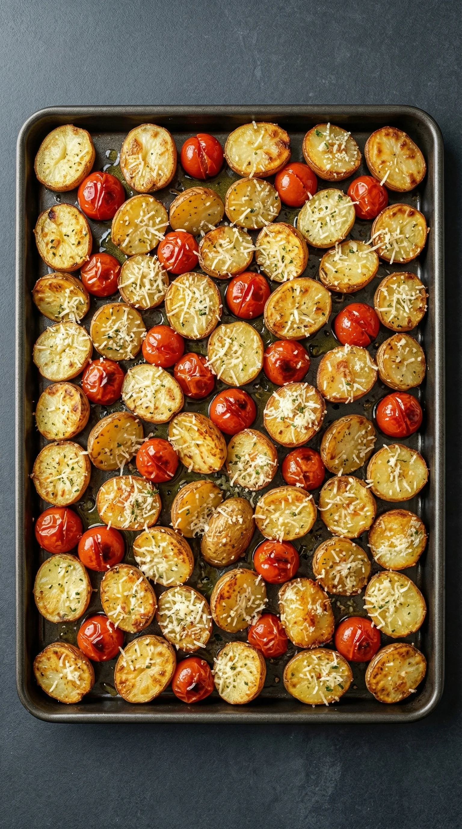 Eine Tafel mit einer Mischung aus Kartoffeln und Tomaten, die in einem Ofen gegart sind.