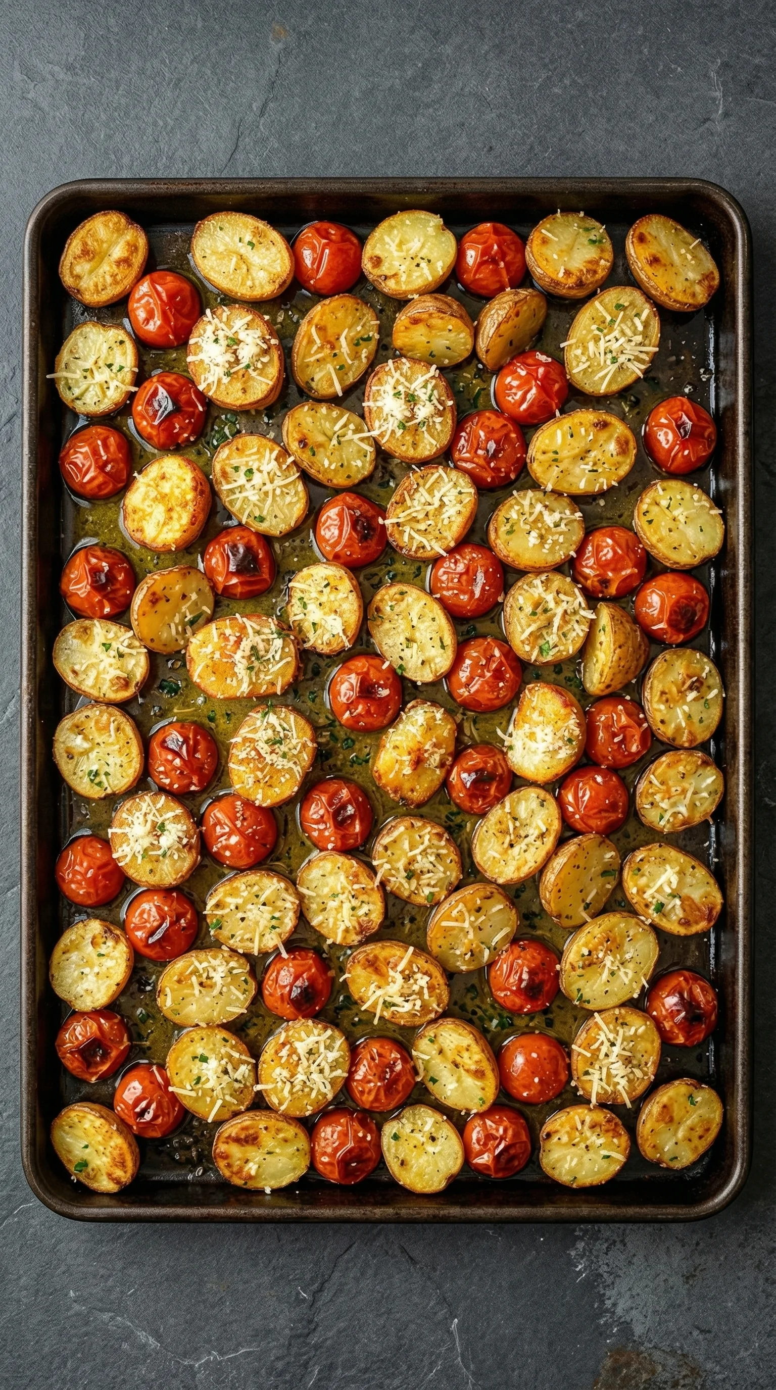 Eine Tafel mit einer Vielzahl von knusprigen Parmesankartoffeln aus dem Ofen, die in einem Pan oder einer Pfanne auf einem Tisch liegen.