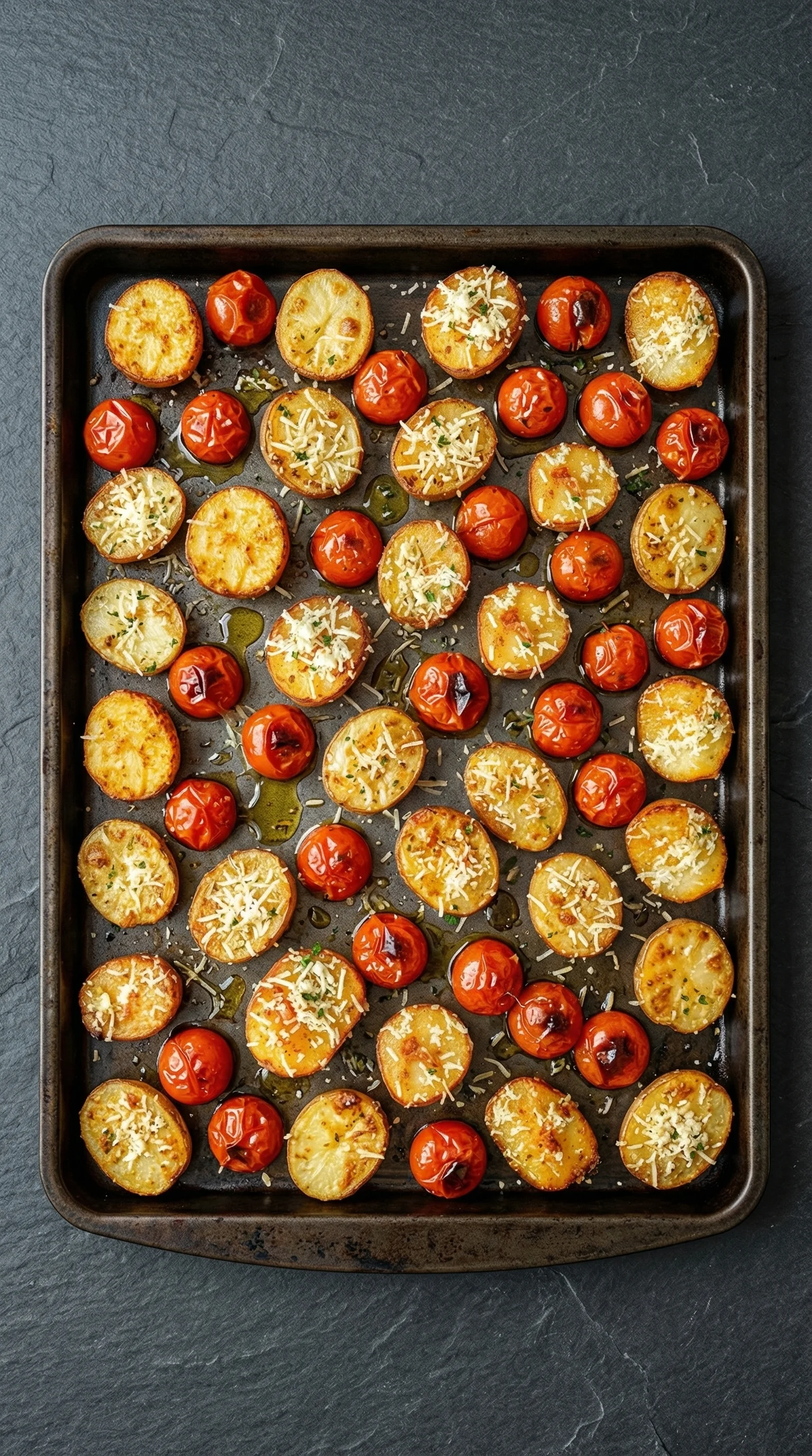 Eine Tafel mit einer Reihe von knusprigen Parmesankartoffeln aus dem Ofen.