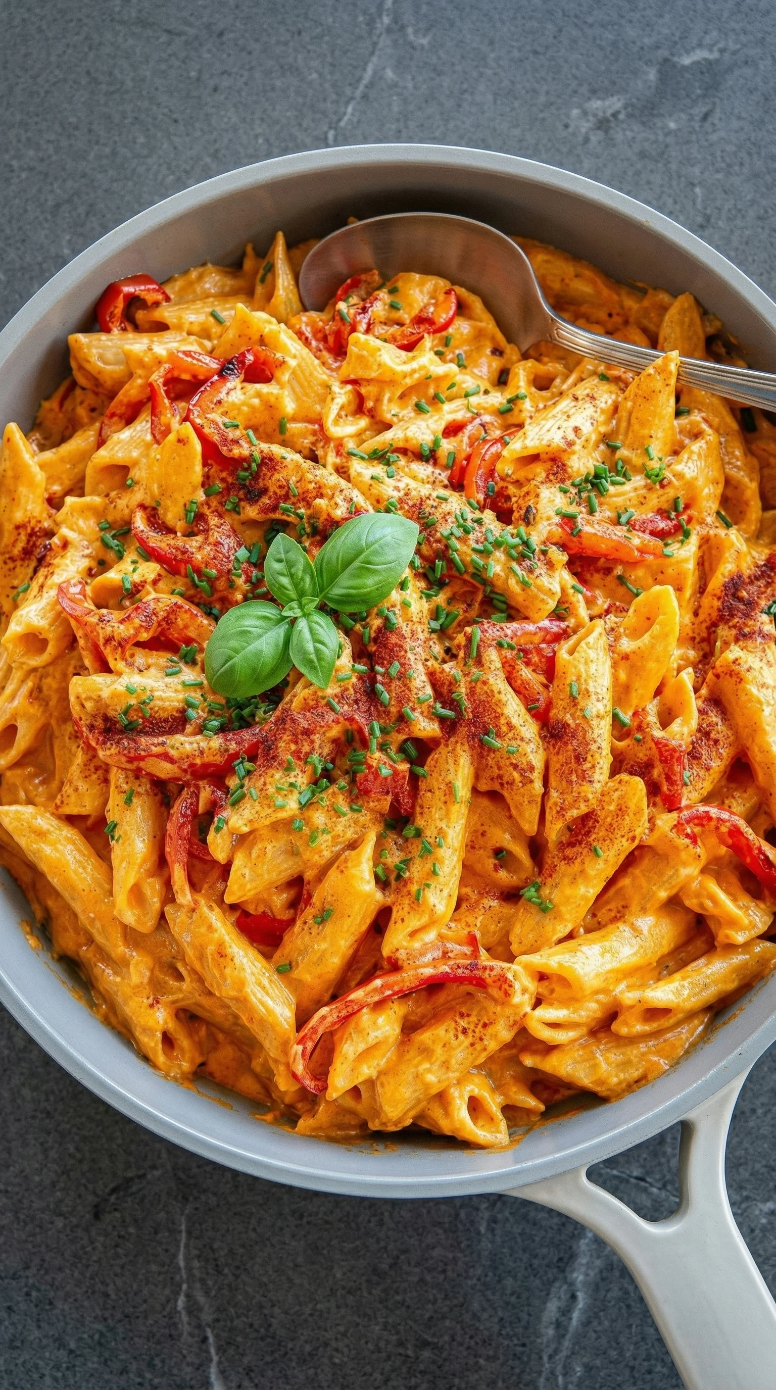 Eine Pfanne mit einer cremigen, paprika-sahnen Pasta-Rezept, die in 20 Minuten zubereitet wurde.