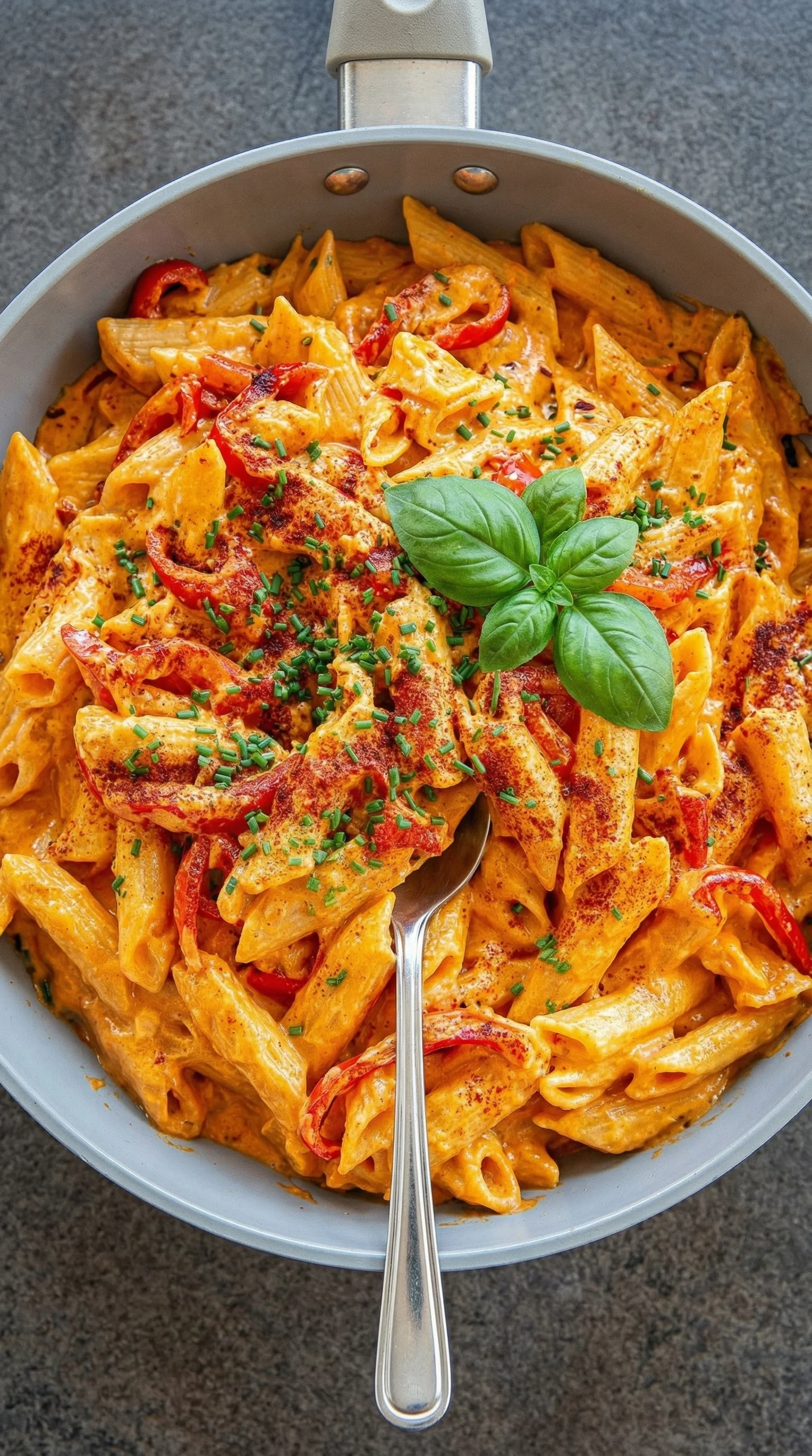 Eine Pfanne mit einer cremigen, paprika-sahnen Pasta-Rezept, die in 20 Minuten zubereitet wurde.
