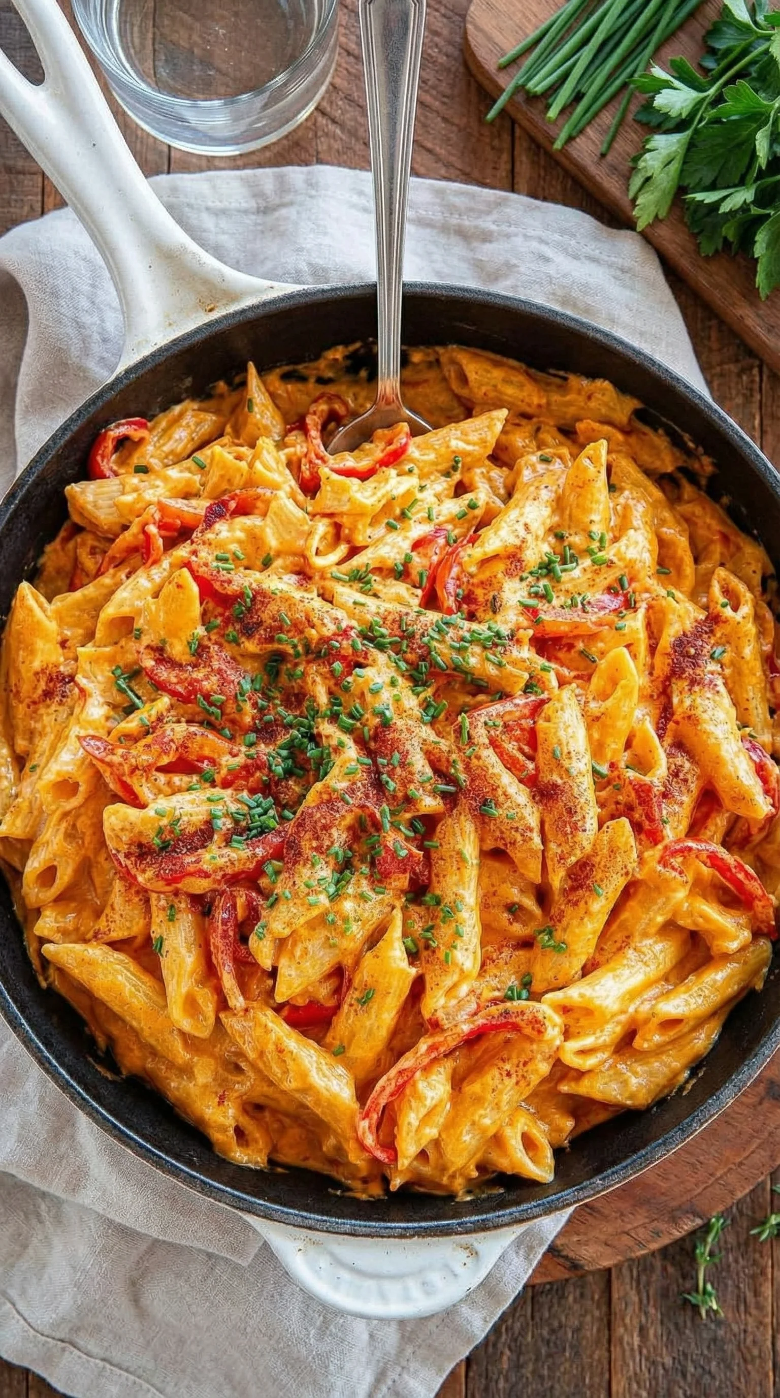 Eine Pfanne mit einer cremigen, paprika-sahnen Pasta-Rezept, die in 20 Minuten zubereitet wurde.