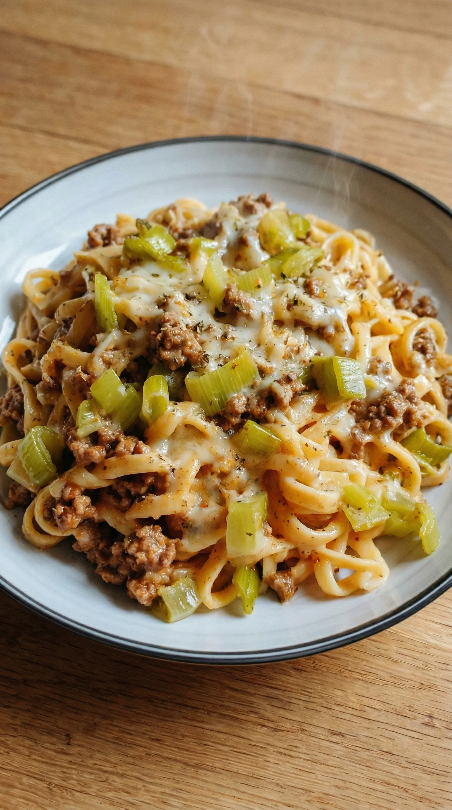 Ein weißer Teller mit einer Mischung aus Pasta, Hackfleisch und Kaese.