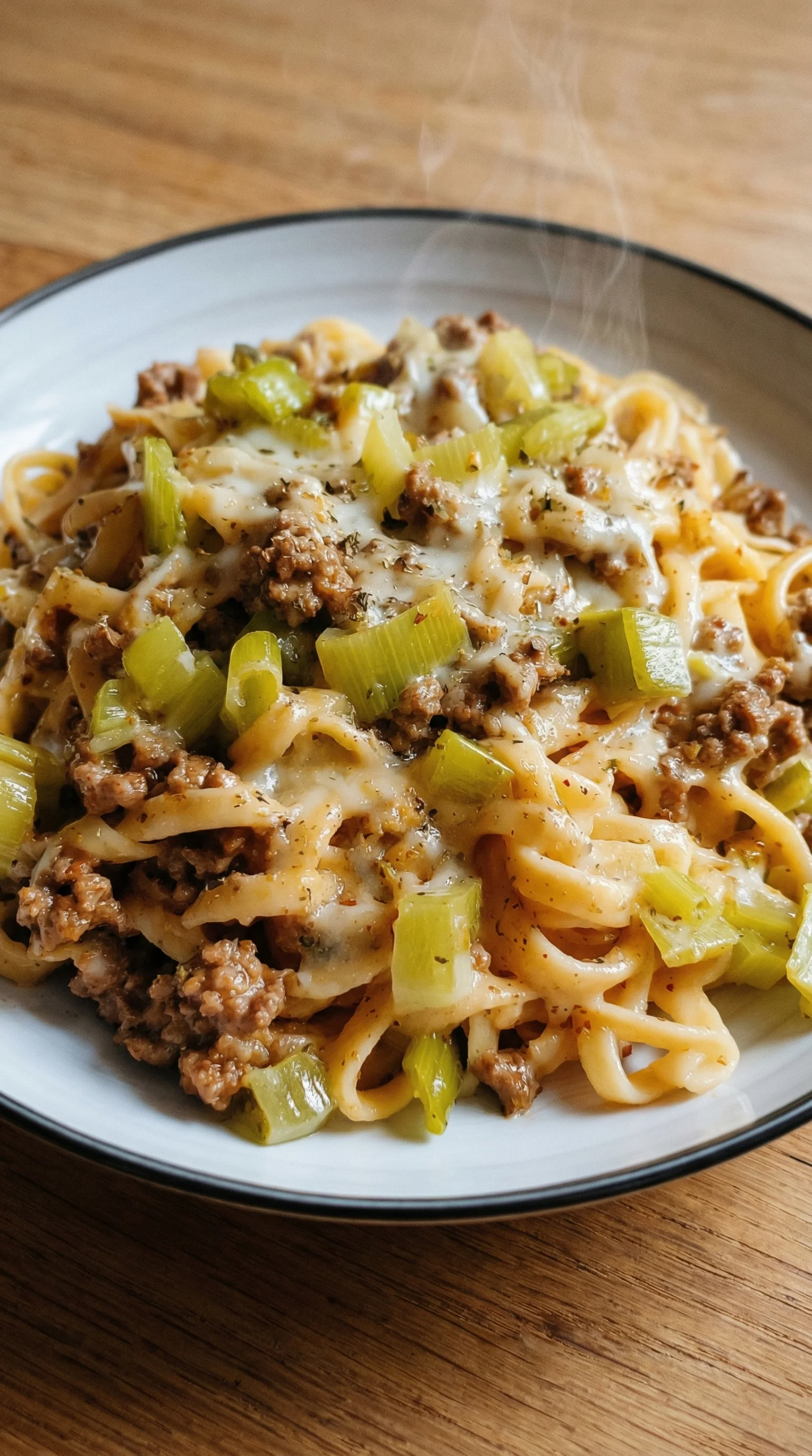 Ein weißer Teller mit einer Mischung aus Pasta, Hackfleisch und Kaese.