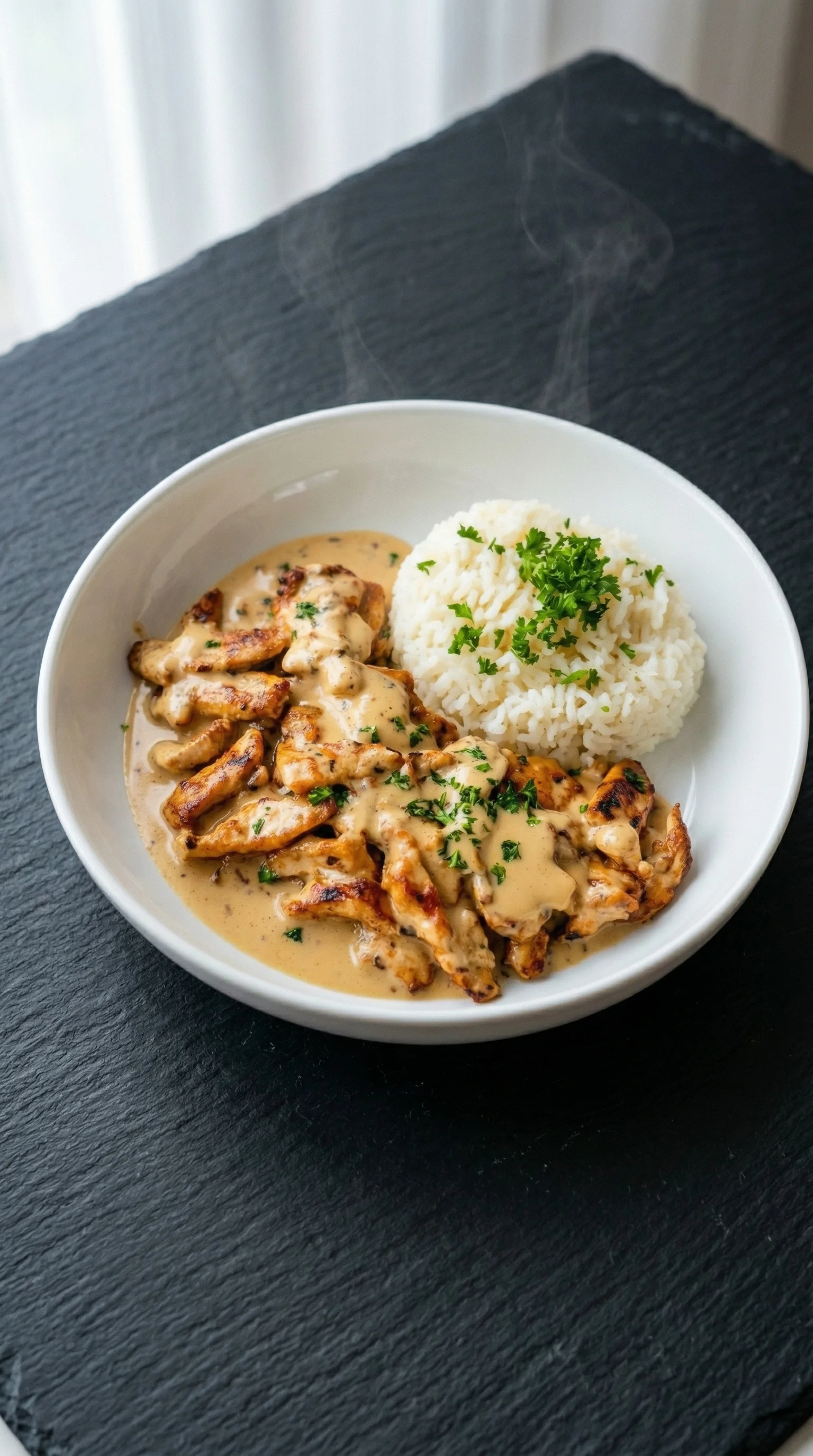 Einfaches Hähnchen-Gyros in cremiger Sauerrahmsauce auf einem weißen Teller.