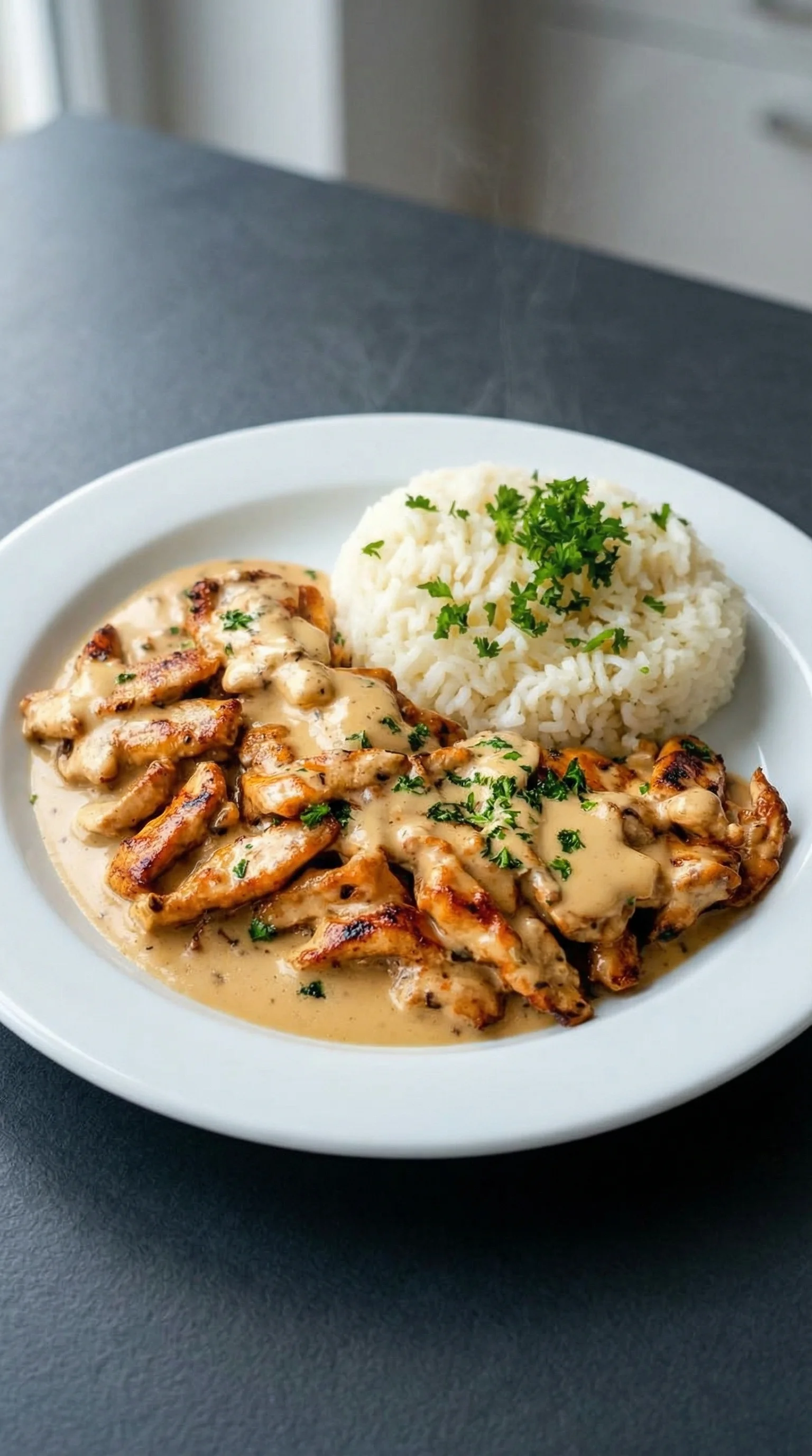 Einfaches Hähnchen-Gyros in cremiger Sauerrahmsauce auf einem weißen Teller.