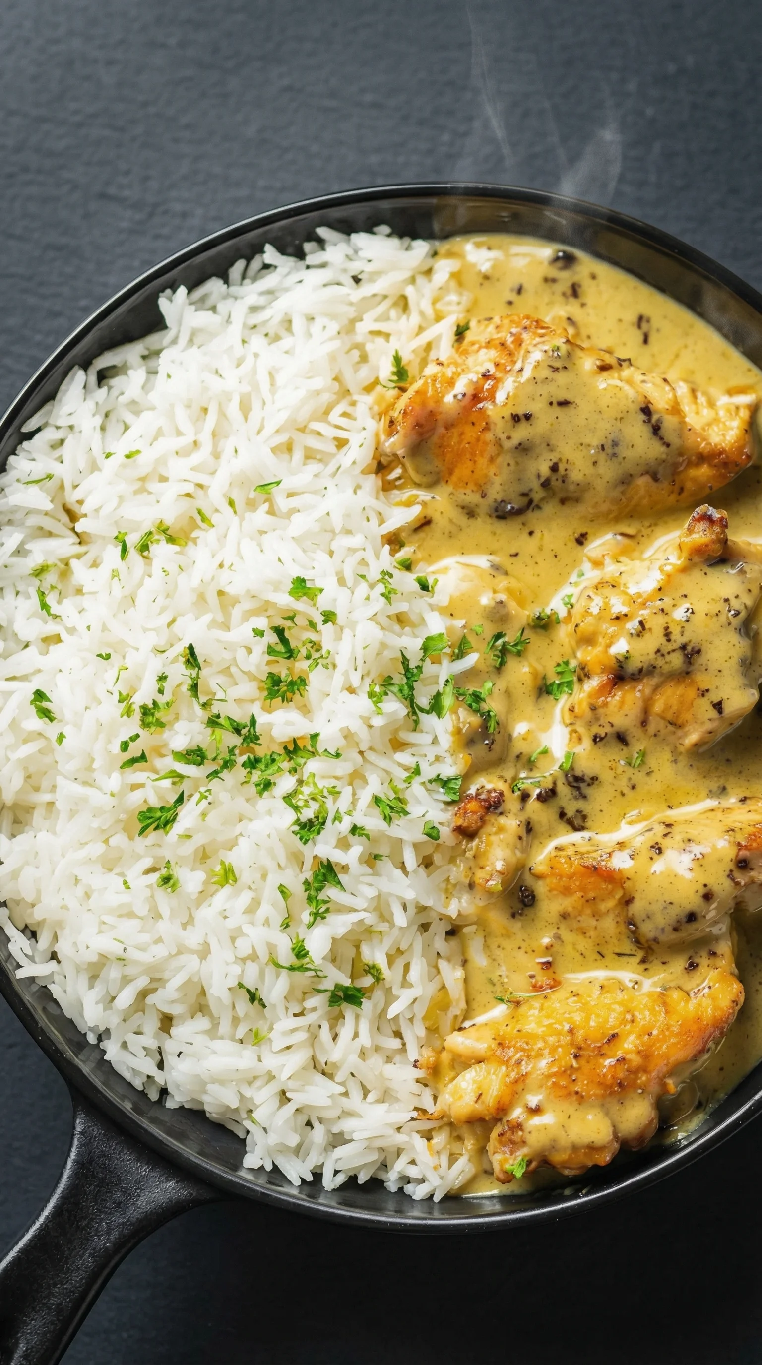 A bowl of rice with chicken and gravy.