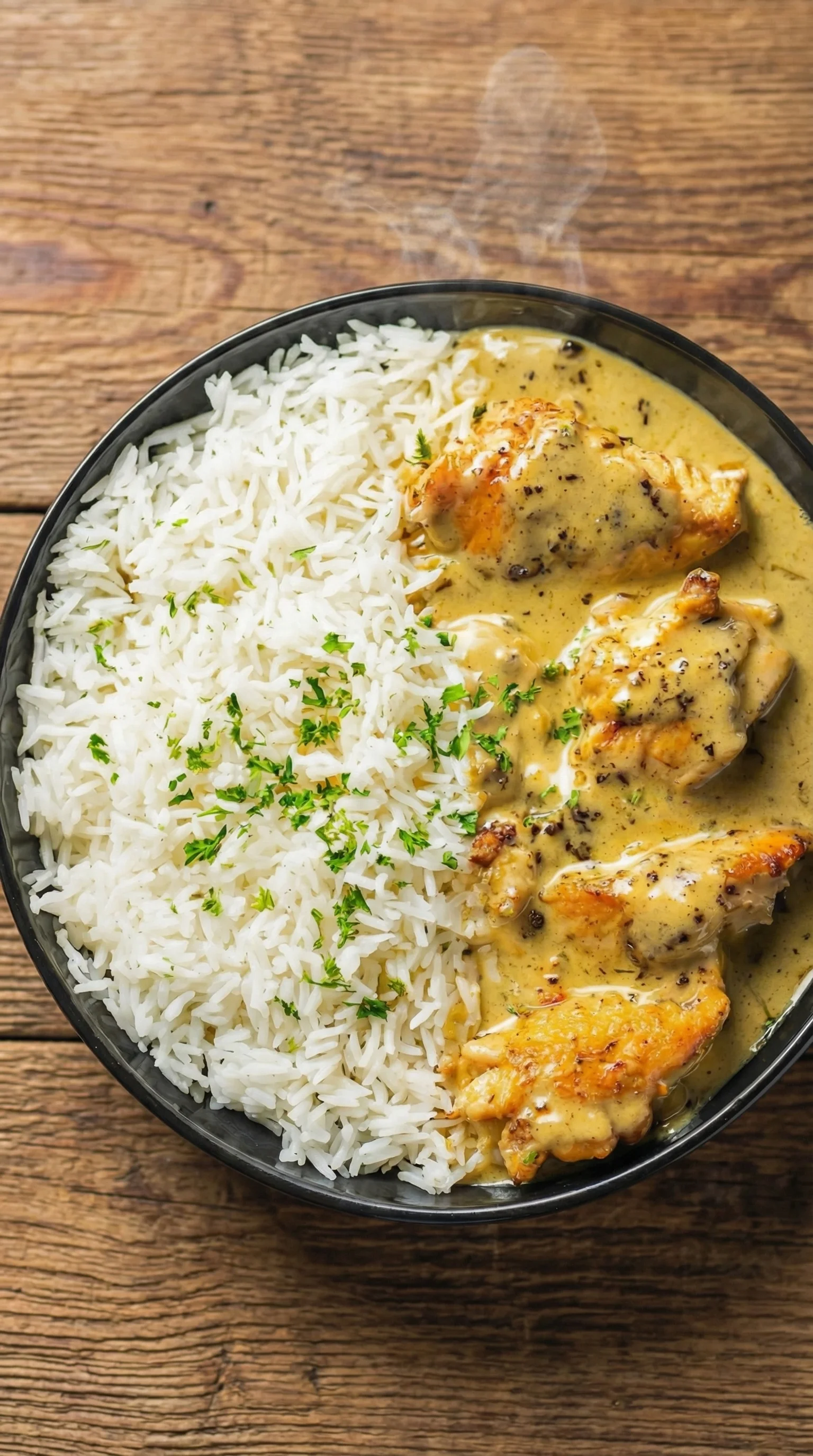 A plate of rice and chicken with a sauce.