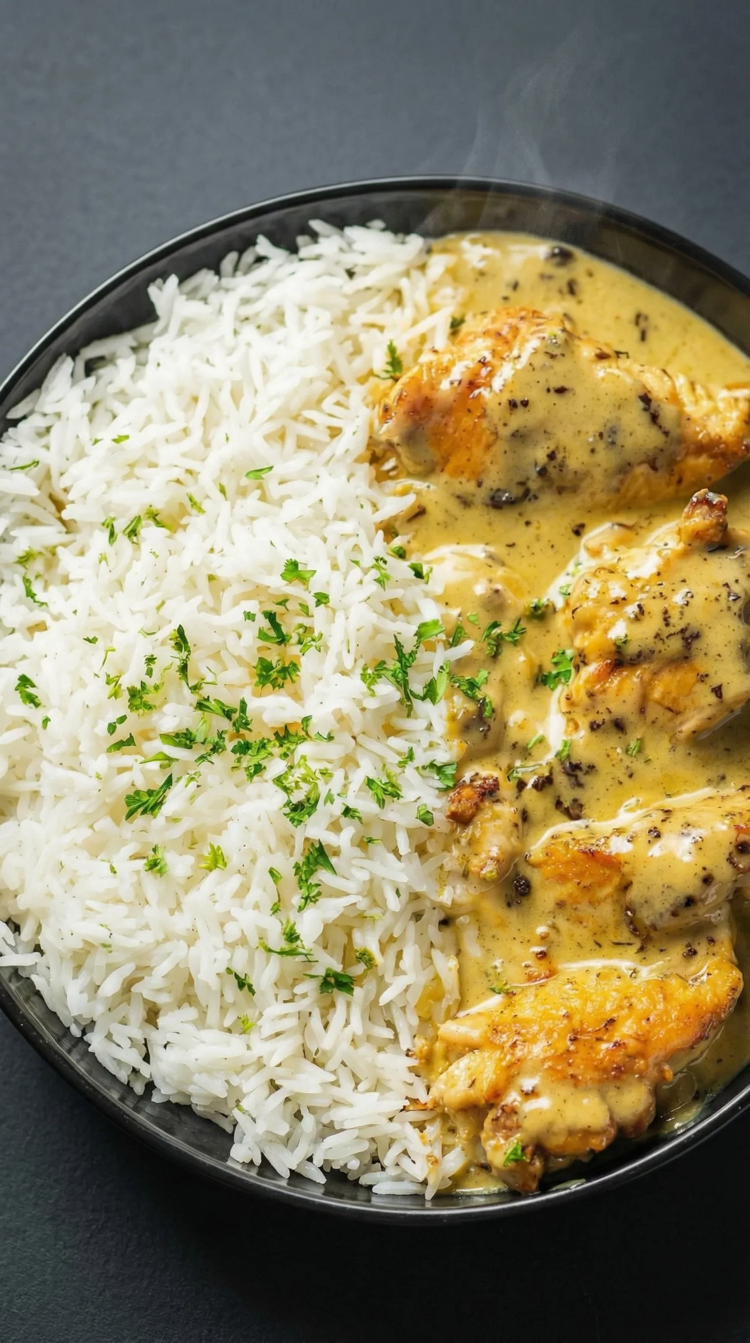 A bowl of rice with chicken and gravy.