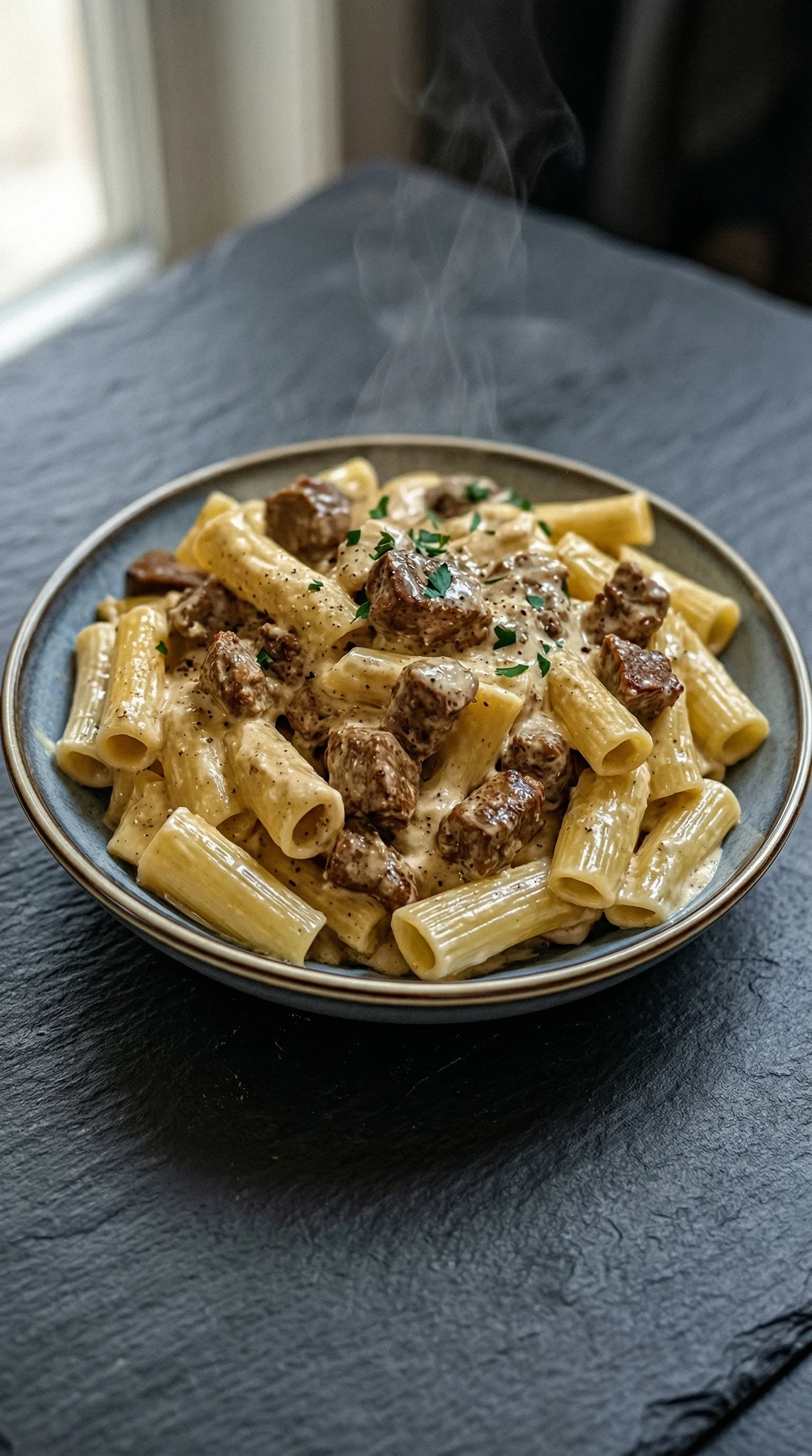 A bowl of pasta with meat and cheese.