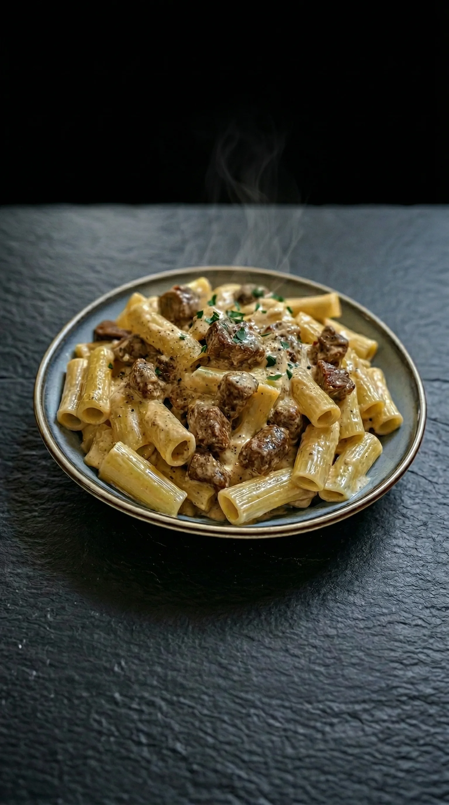 A bowl of pasta with meat and cheese.