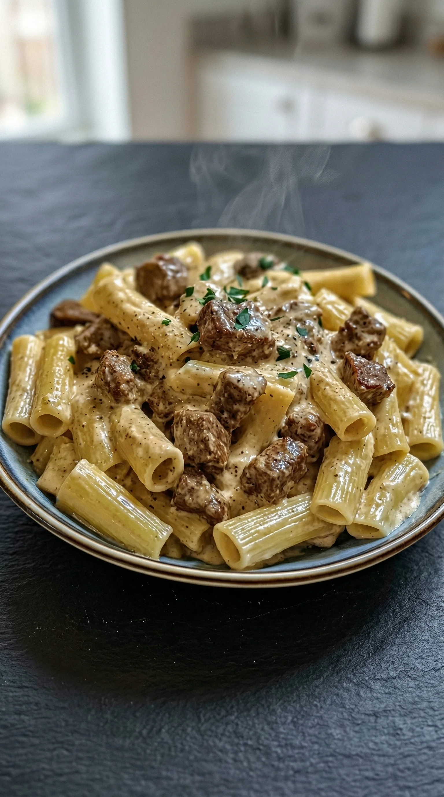 A bowl of pasta with meat and cheese.