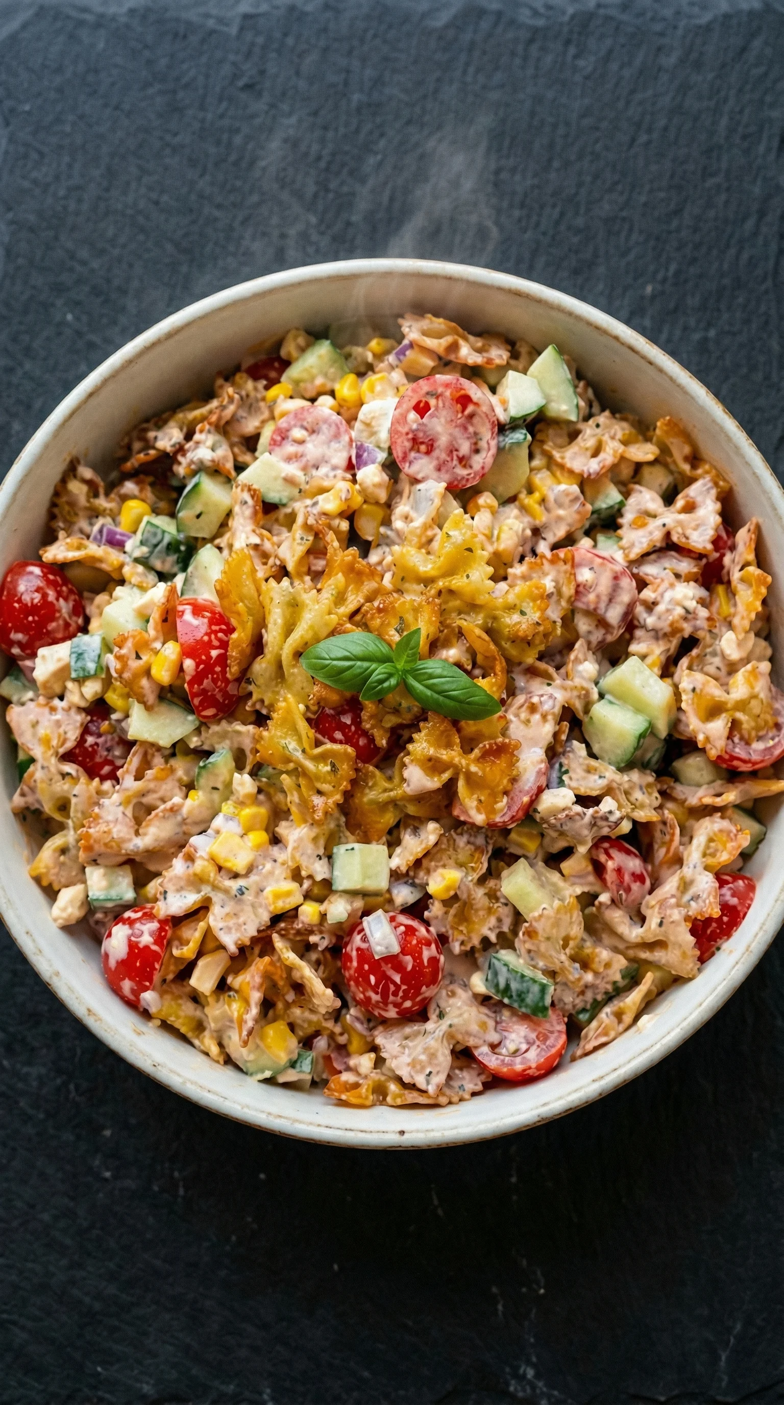 A bowl of pasta salad with tomatoes, corn, and feta cheese.