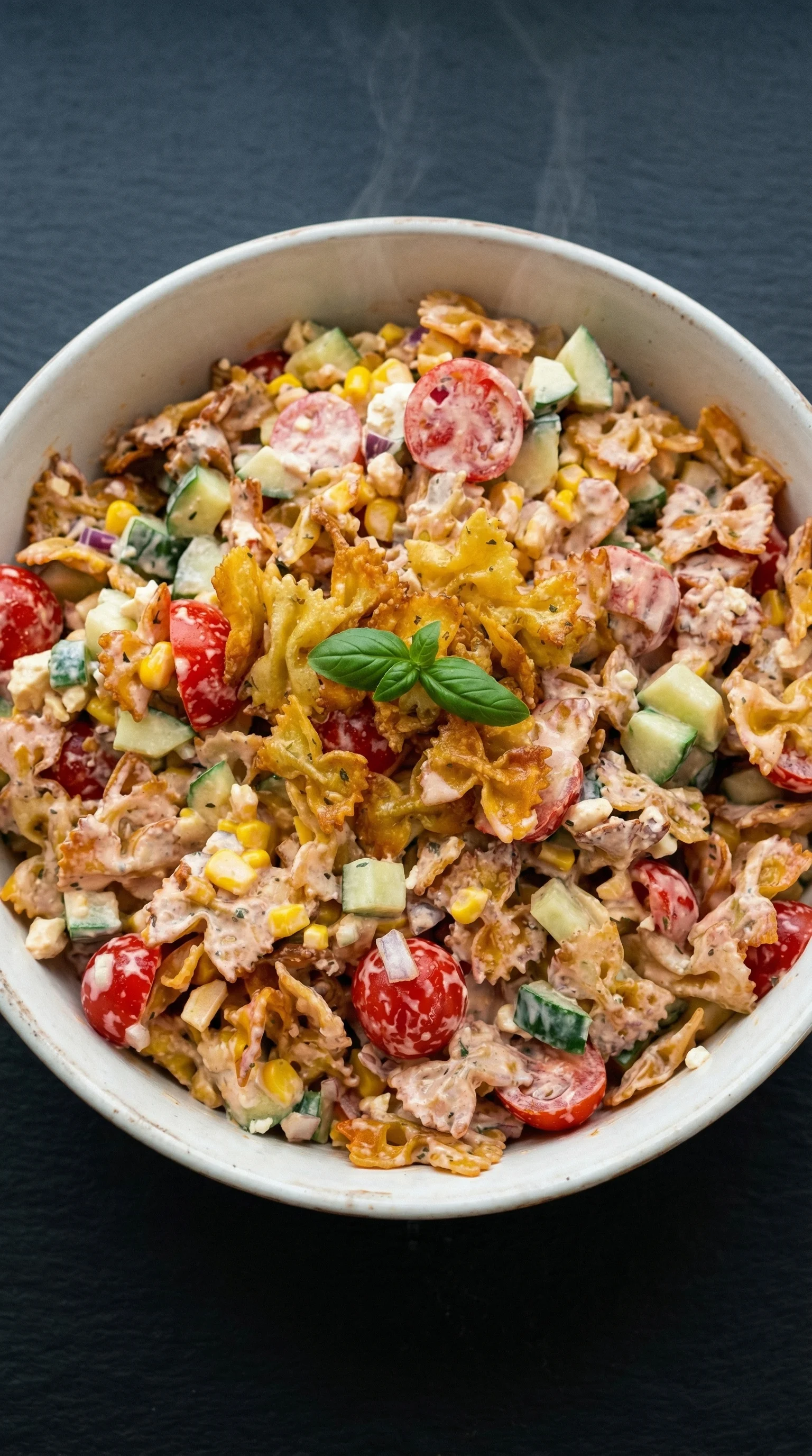 A bowl of pasta salad with tomatoes, corn, and feta cheese.