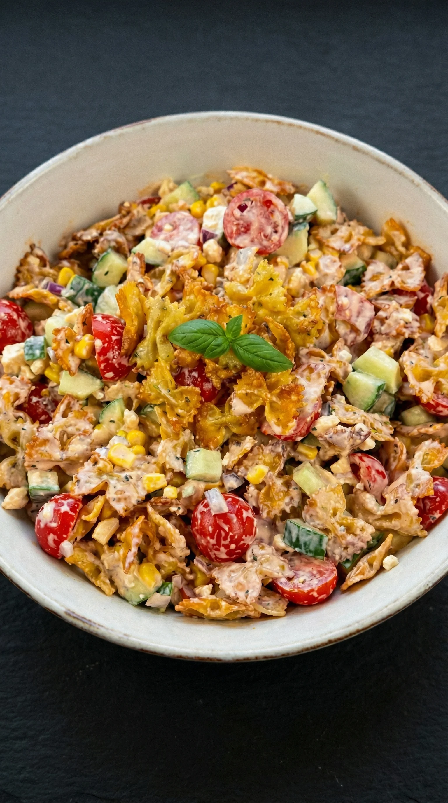 A bowl of crispy pasta salad with feta and vegetables.