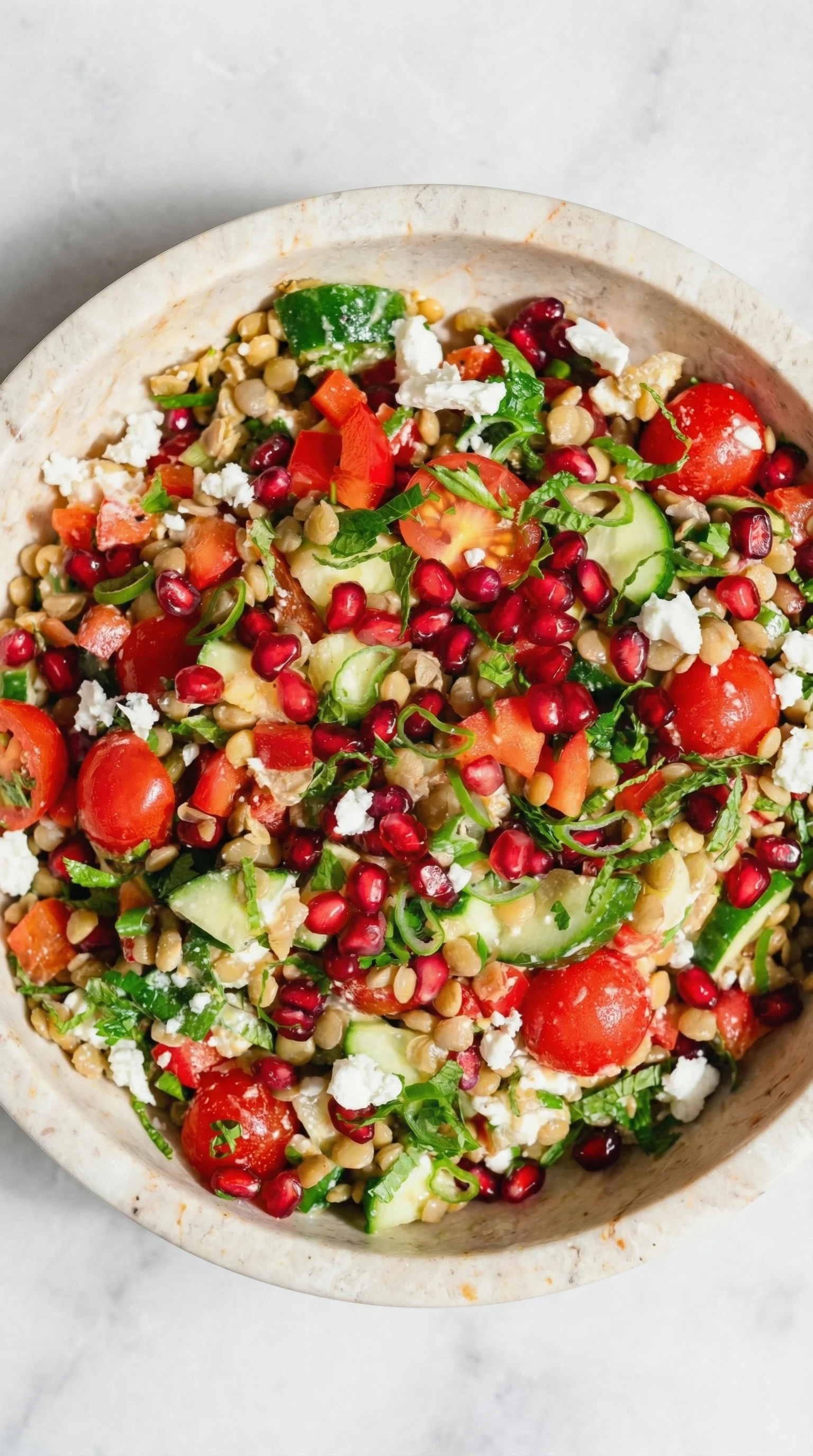 A bowl of salad with tomatoes, cucumbers, and feta cheese.