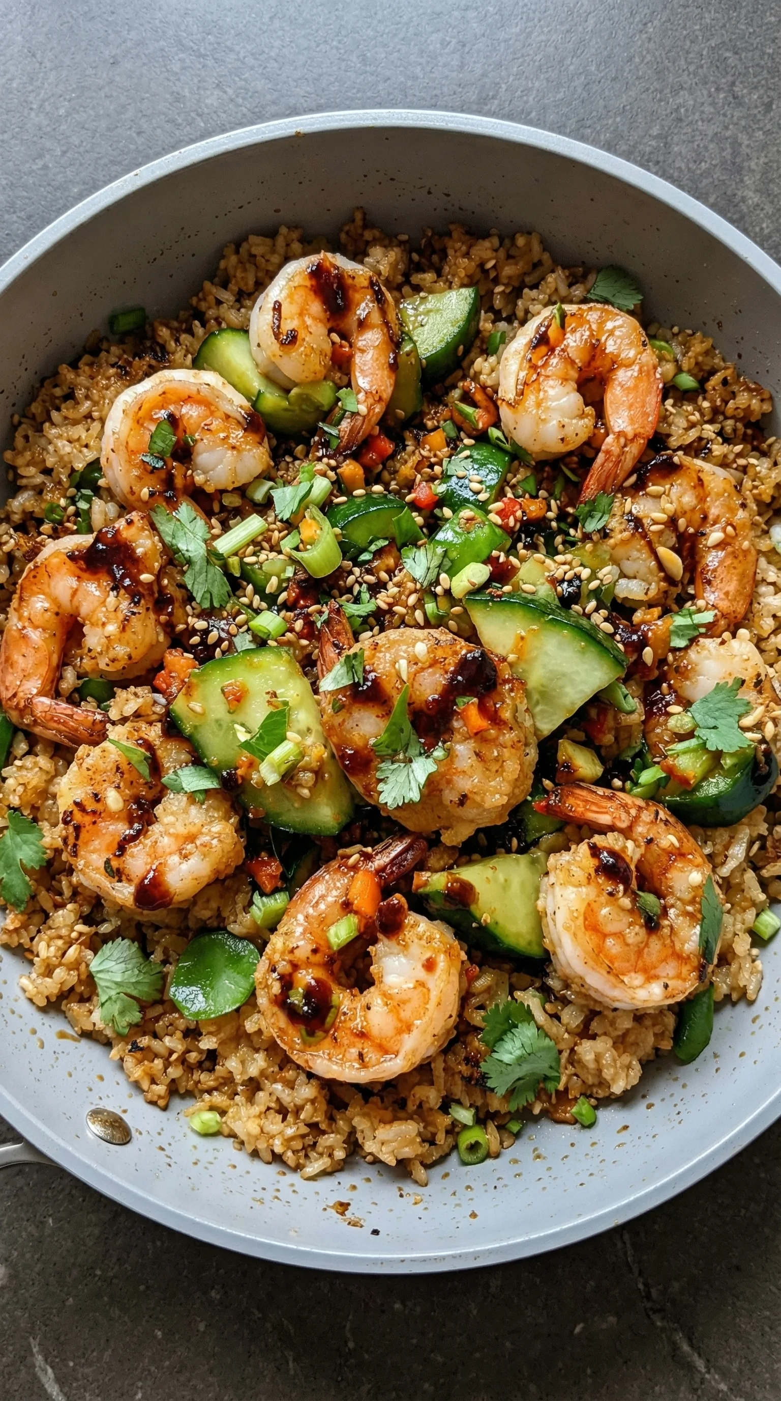 A bowl of rice with shrimp and vegetables.