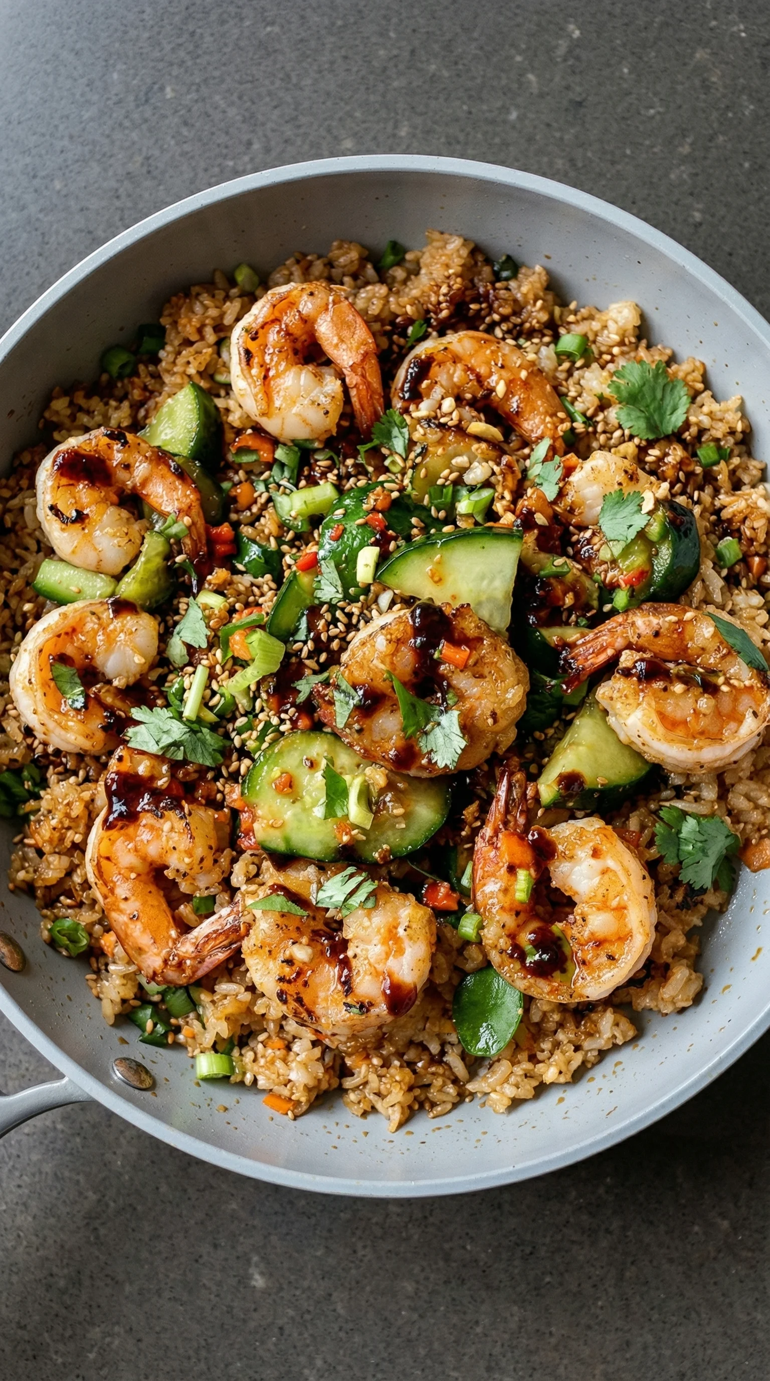 A bowl of rice with shrimp and vegetables.